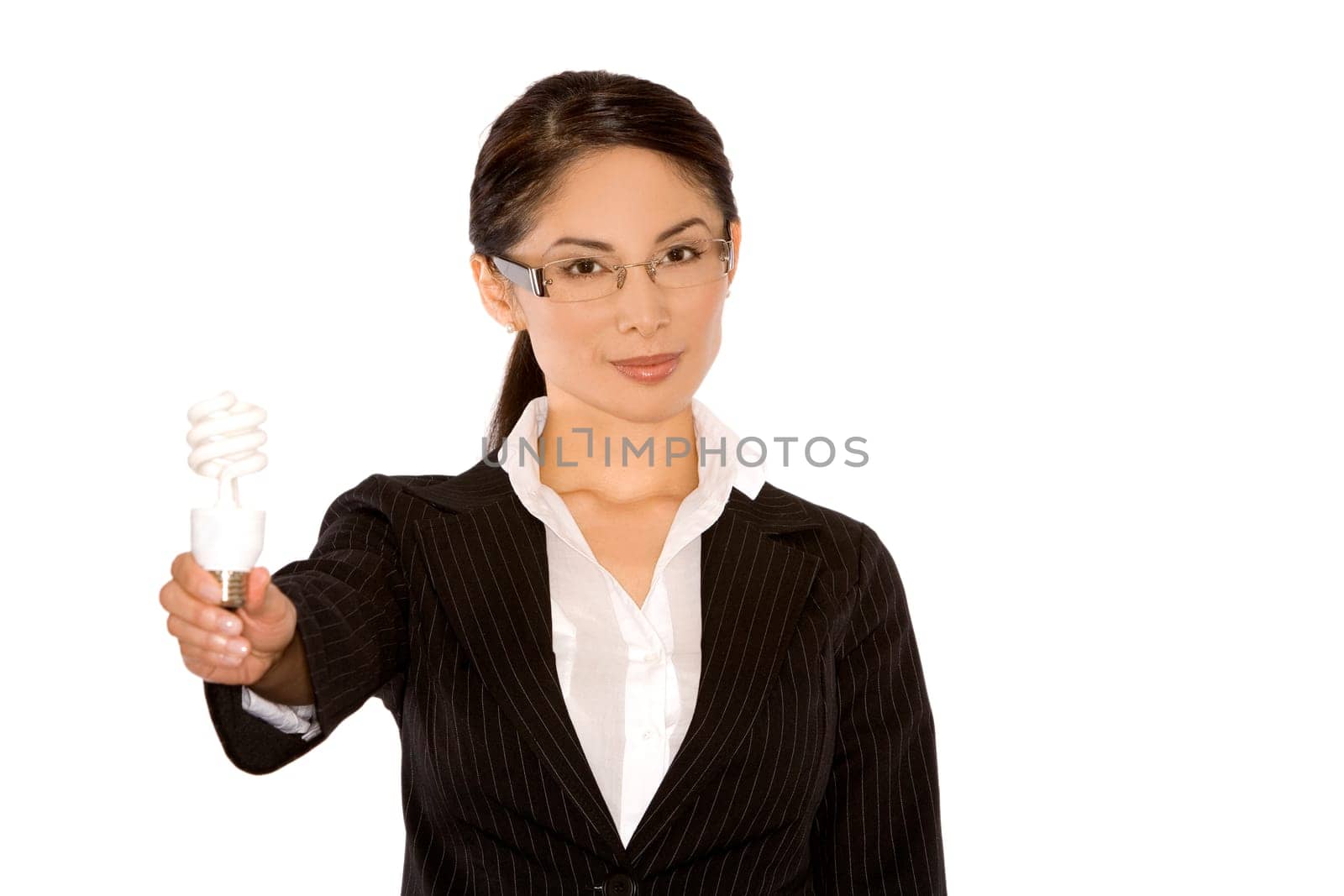 pretty asian wearing business outfit holding bulb