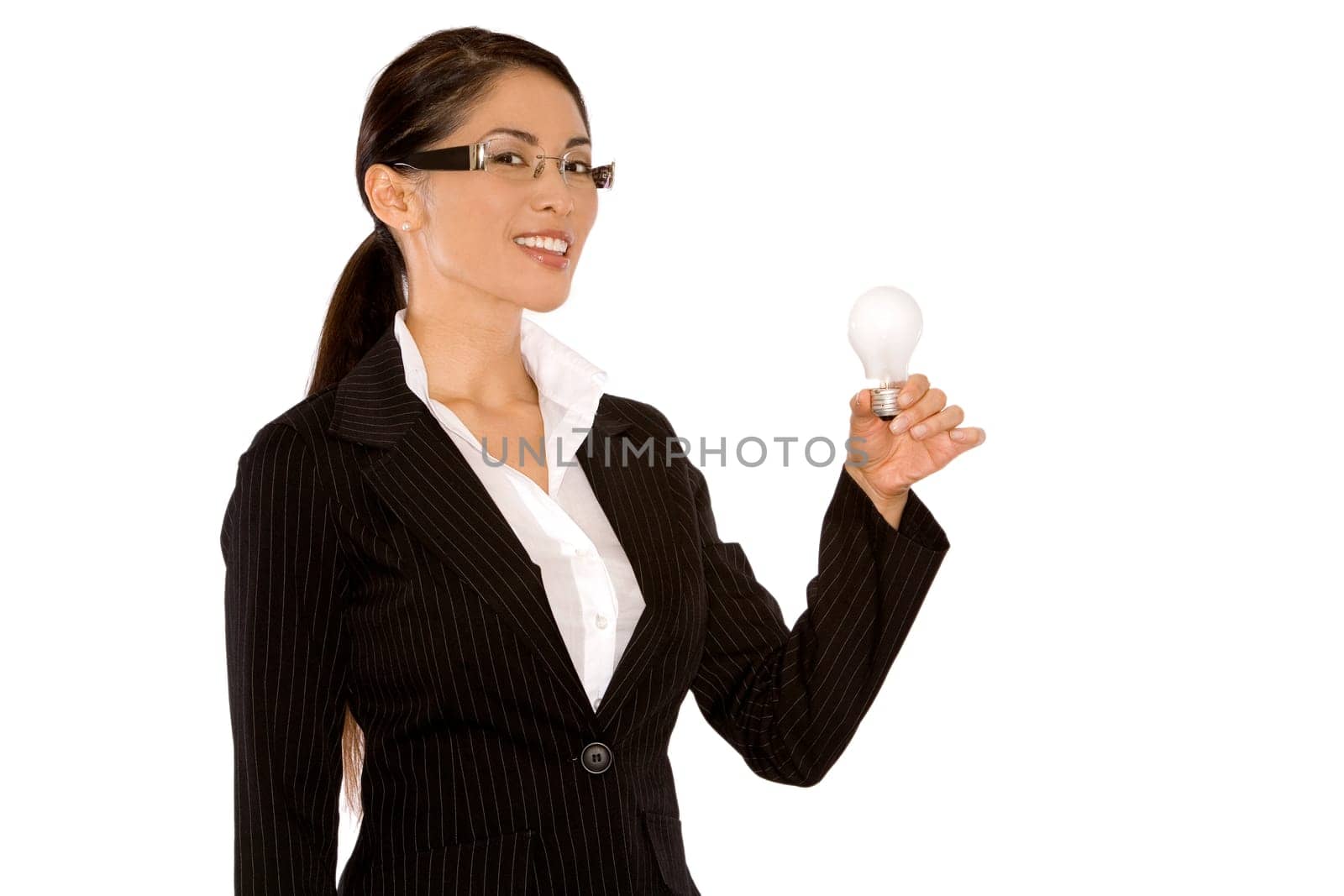 pretty asian wearing business outfit holding bulb