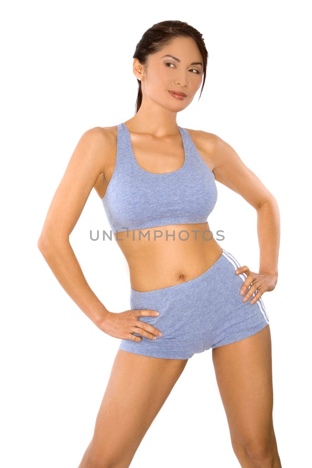 pretty asian woman wearing sport outfit on white