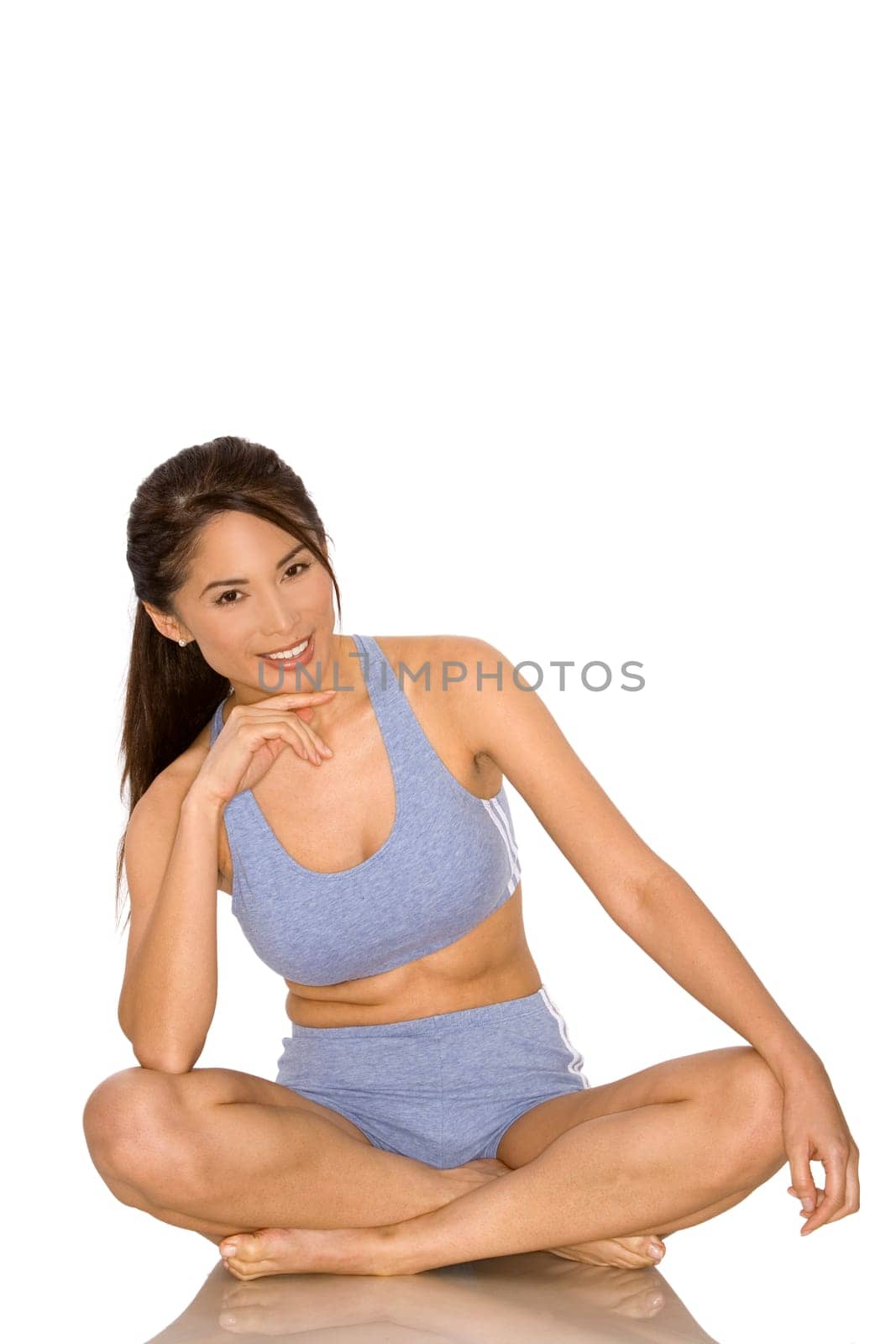 pretty asian woman wearing sport outfit on white