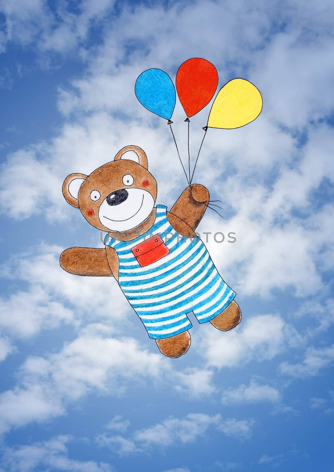 Happy teddy bear, child's drawing, watercolor painting over sky