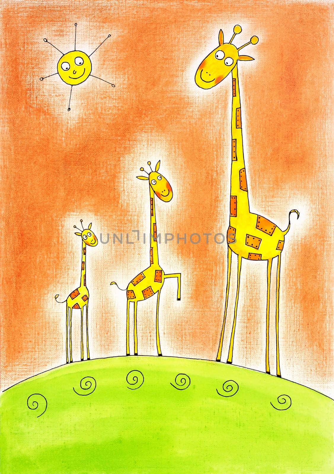 Three happy giraffes, child's drawing, watercolor painting on paper