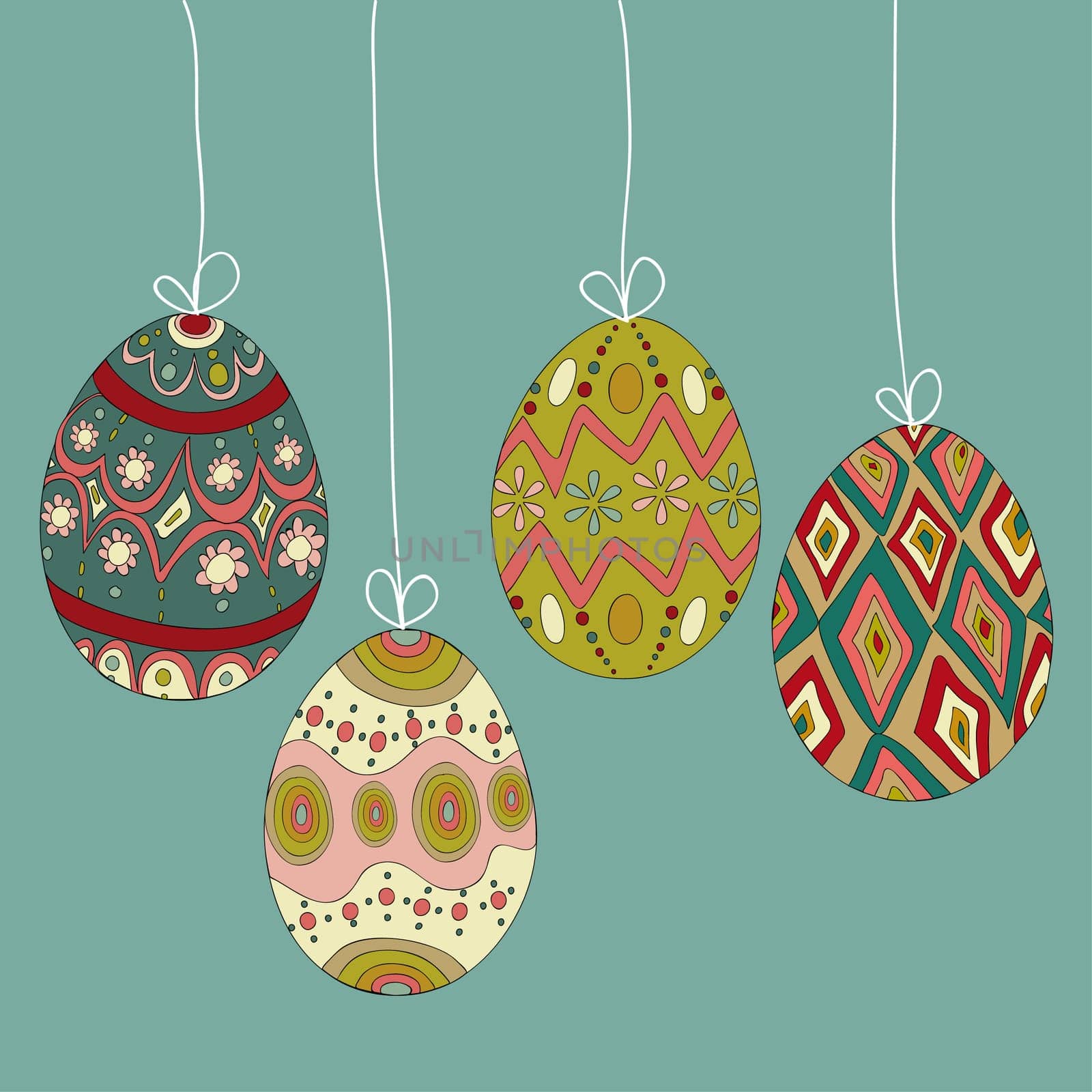 Happy Easter hanging eggs greeting card background. Vector file layered for easy manipulation and customisation.
