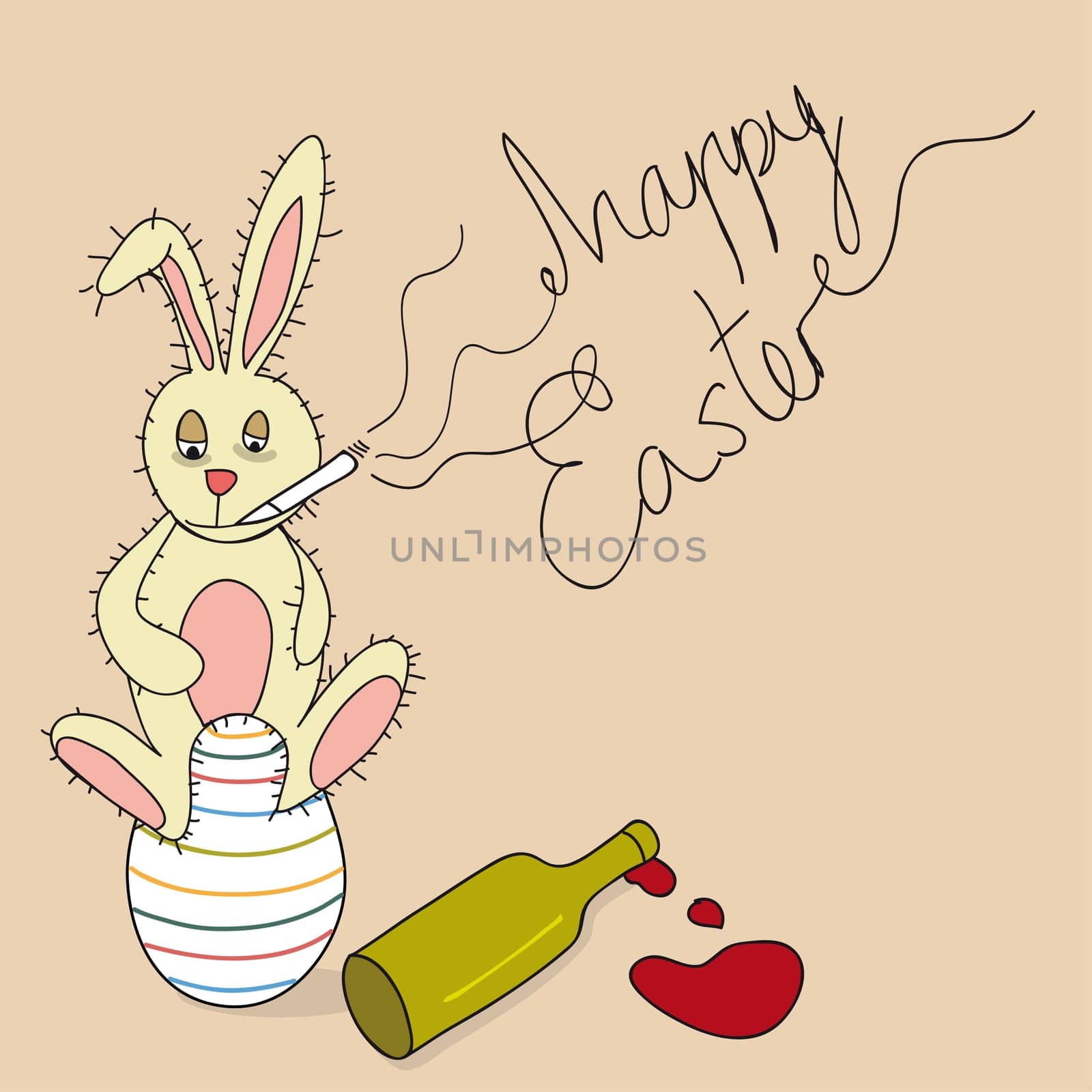Jokey vicious Easter Bunny sitting in a decorative egg smoking and drinking. This illustration is layered for easy manipulation and custom coloring.