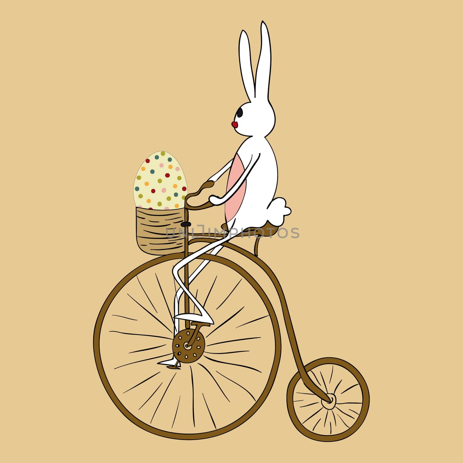 Retro Easter bunny biking an antique bicycle. EPS10 file version. This illustration contains transparencies and is layered for easy manipulation and custom coloring