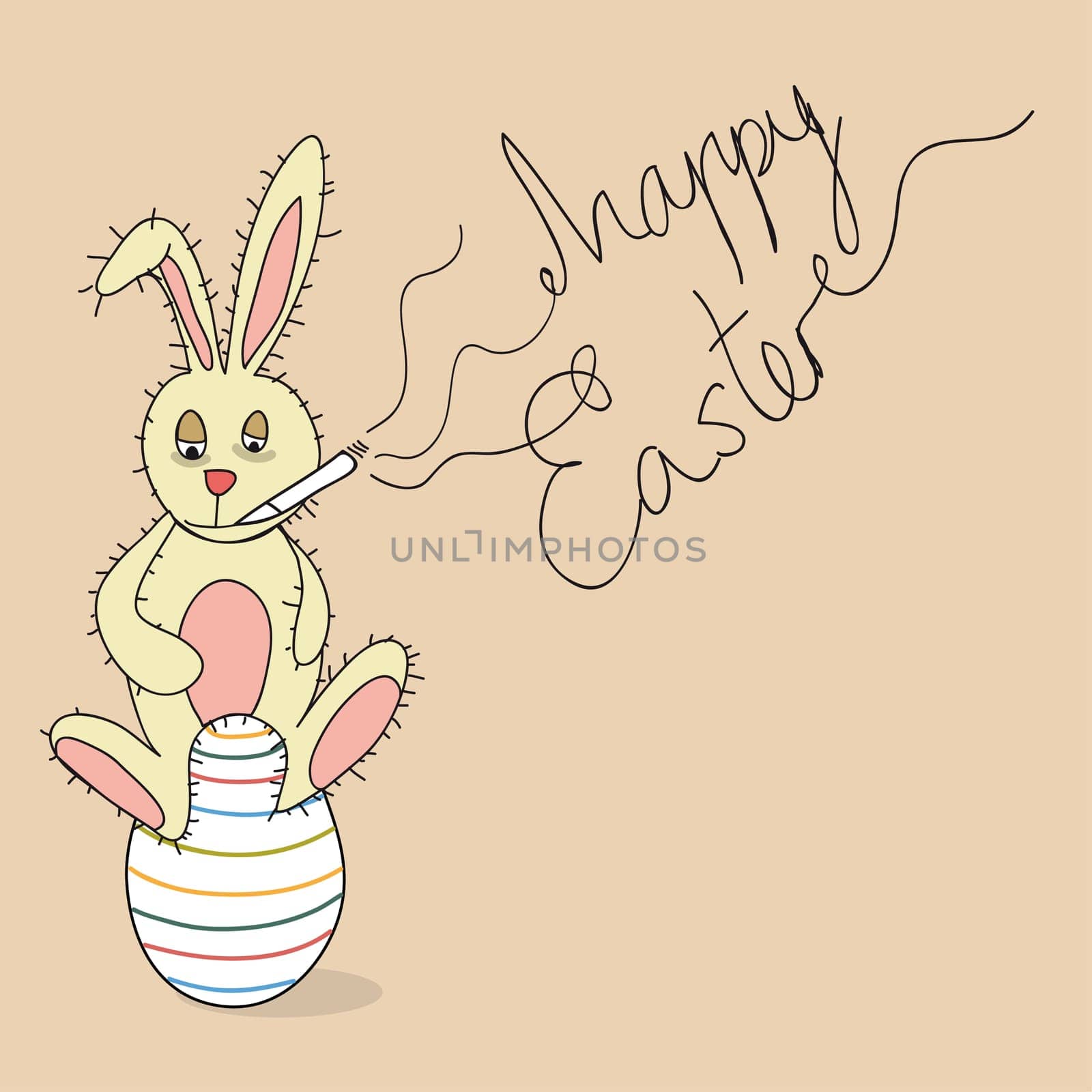 Funny adult Easter Bunny sitting in a decorative egg smoking. This illustration is layered for easy manipulation and custom coloring.
