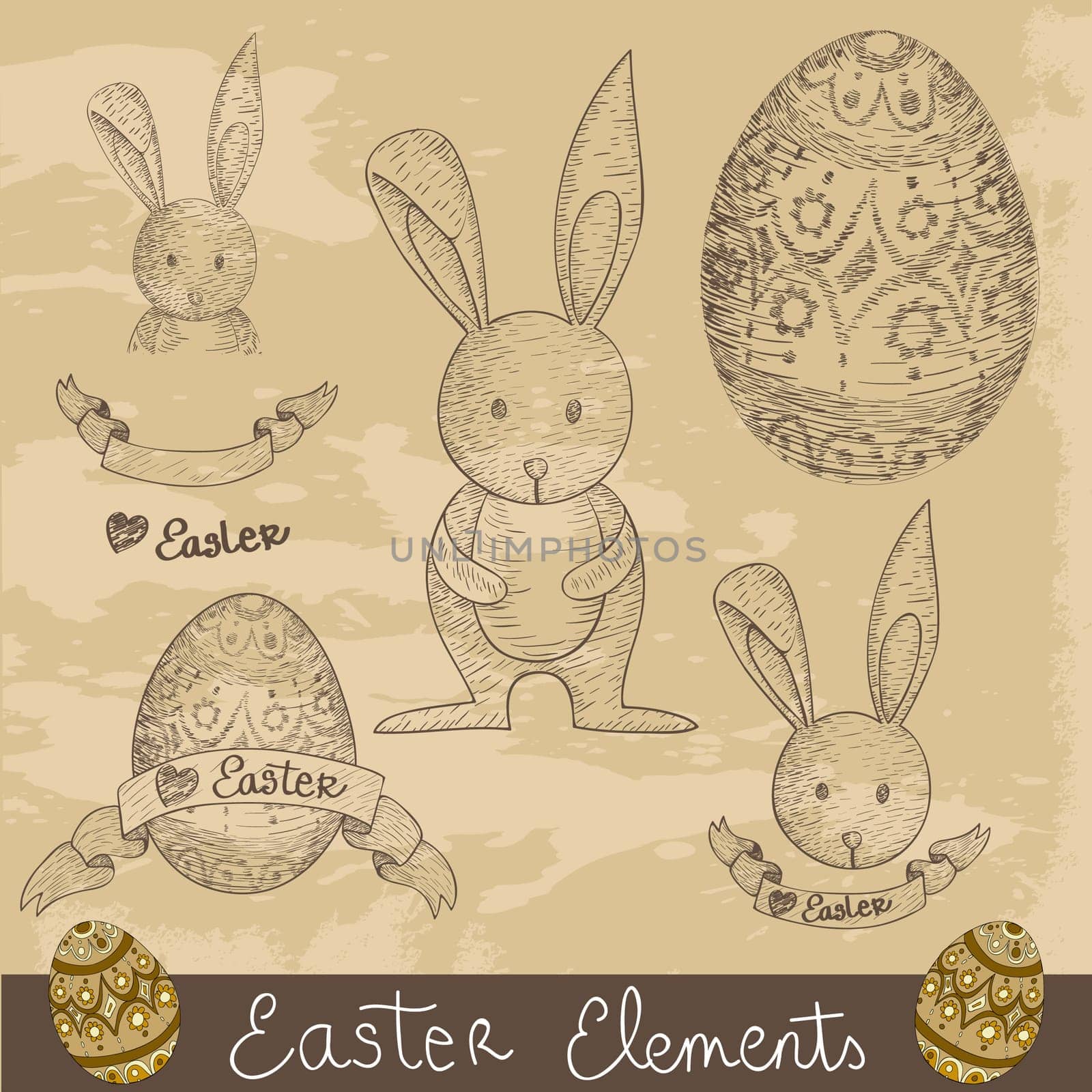 Hand drawn Happy Easter elements set. Vector illustration layered for easy manipulation and custom coloring.