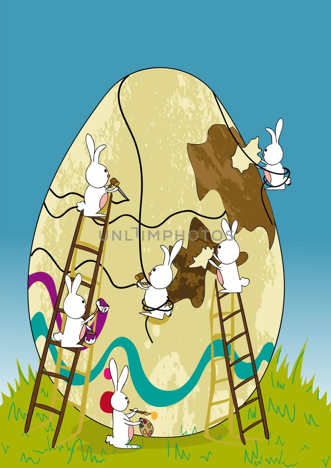 Decorative Easter egg under construction by bunnies teamwork. Vector illustration layered for easy manipulation and custom coloring.