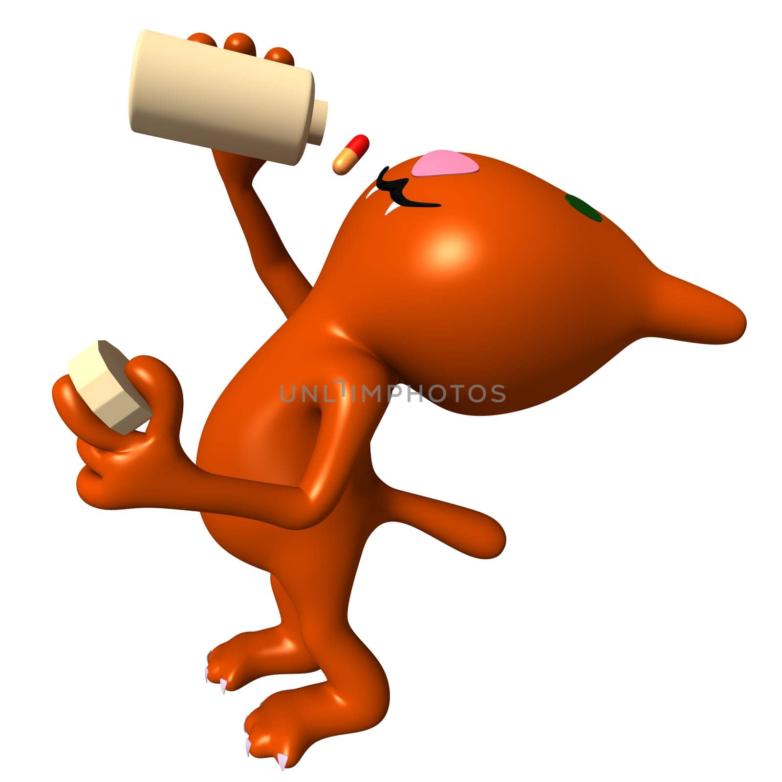 Left side view cat swallow pill from bottle