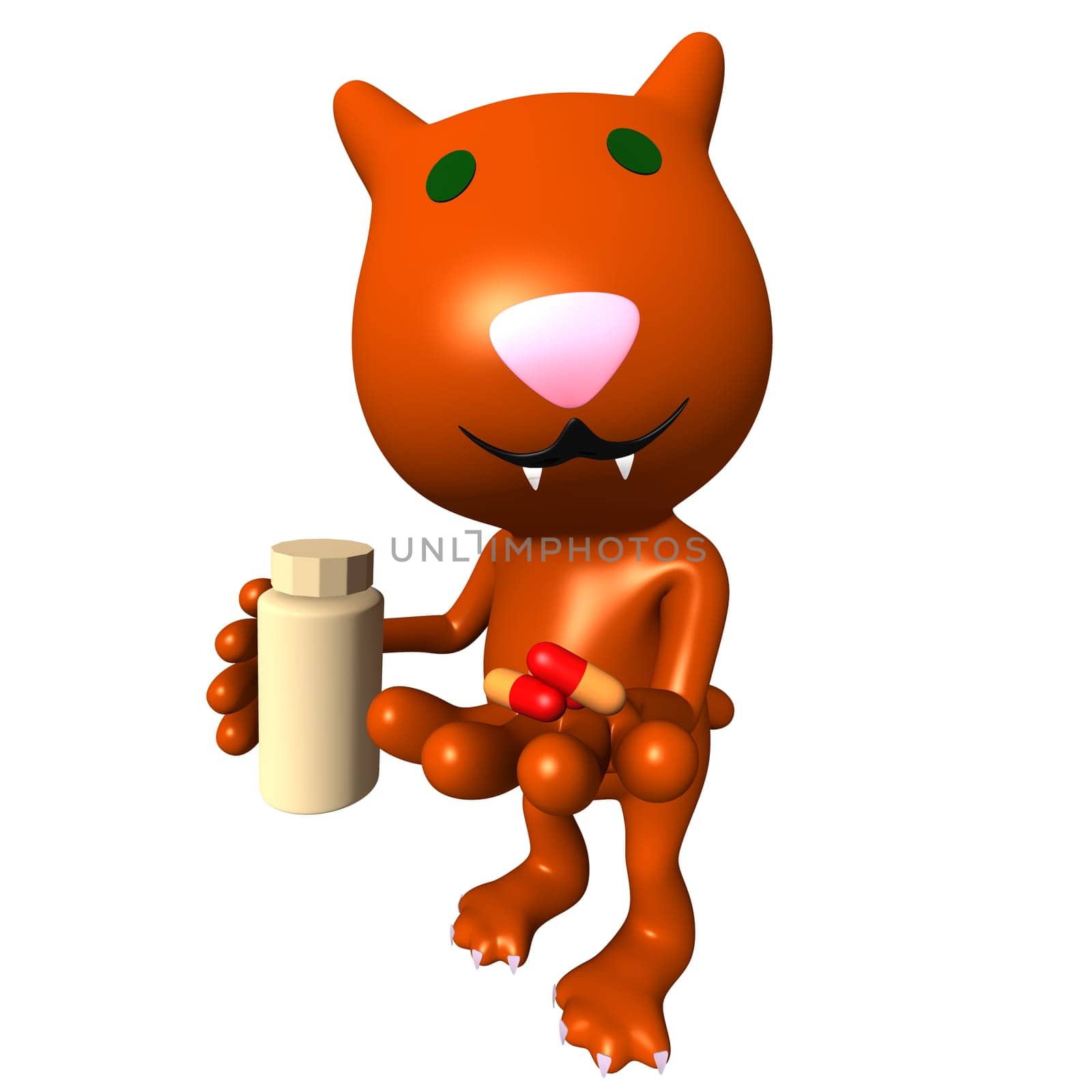 Zoomed view carved cat looking at medicine pills