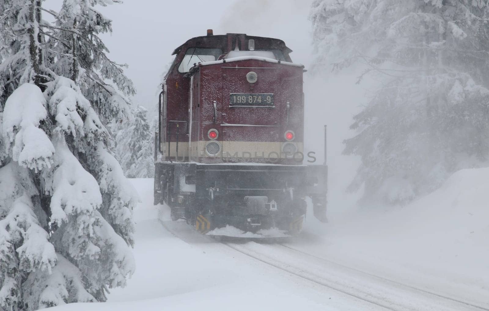 This diesel locomotive supports the rail snow blower on the Brocken in the Harz Mountains