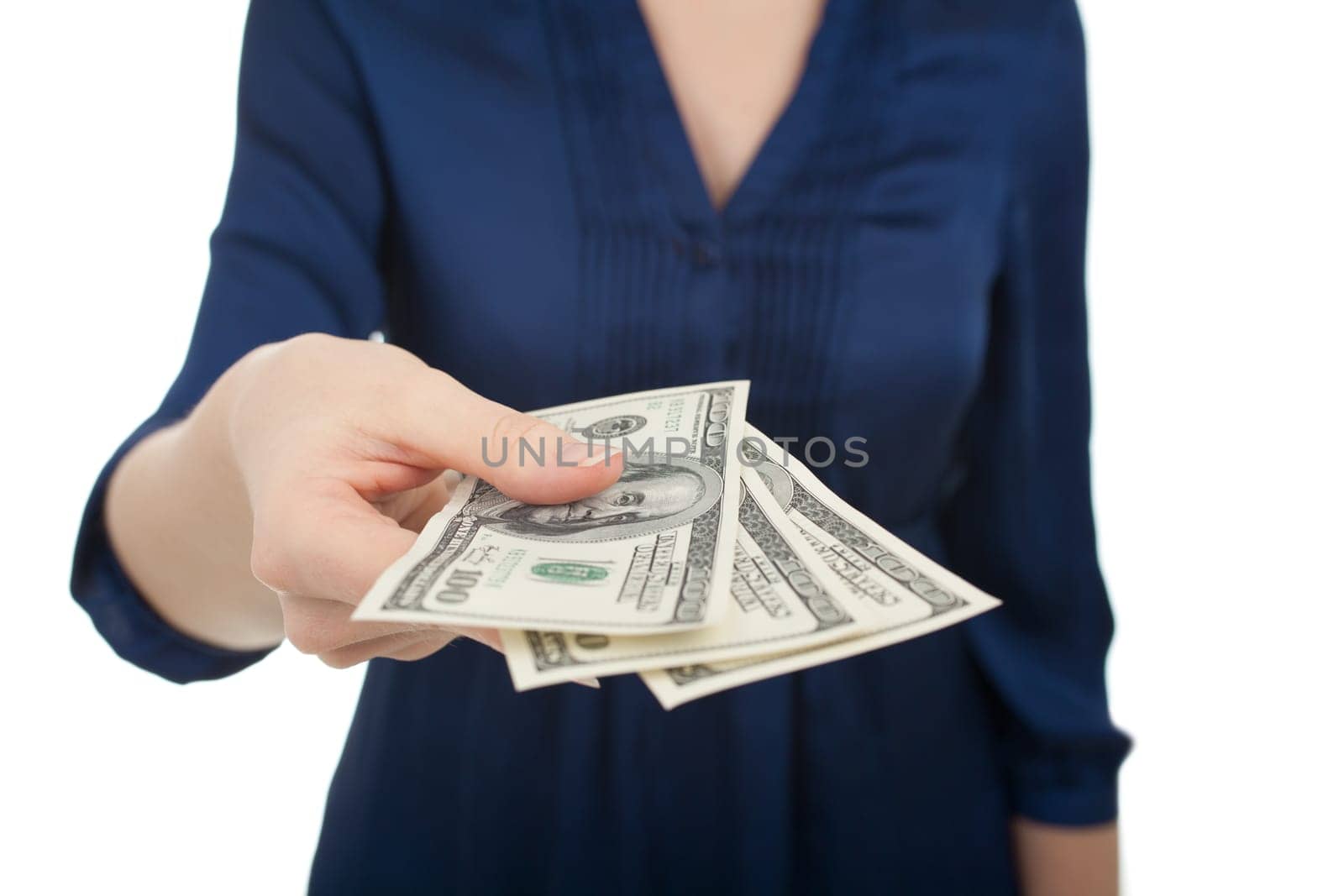 Woman pay with dollar money (three hundreds), white background.