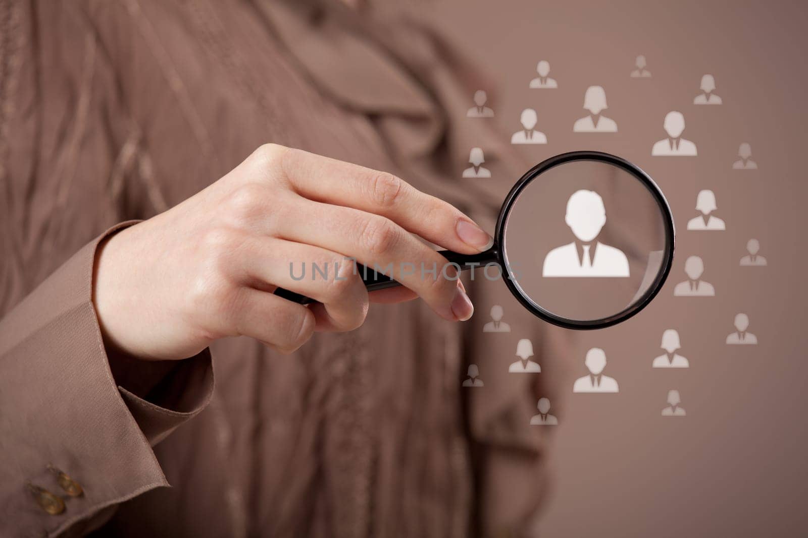 Human resources, CRM and social media concept - officer looking for employee represented by icon. Gender discrimination in employees selection.