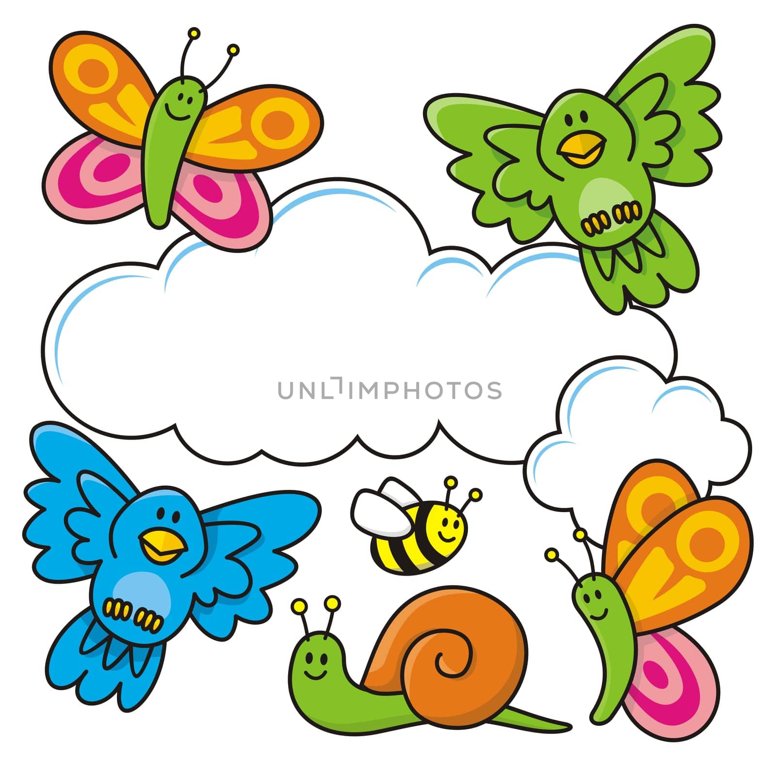 A spring scene with baby animal cartoons, butterflies, birds, bee and a snail.