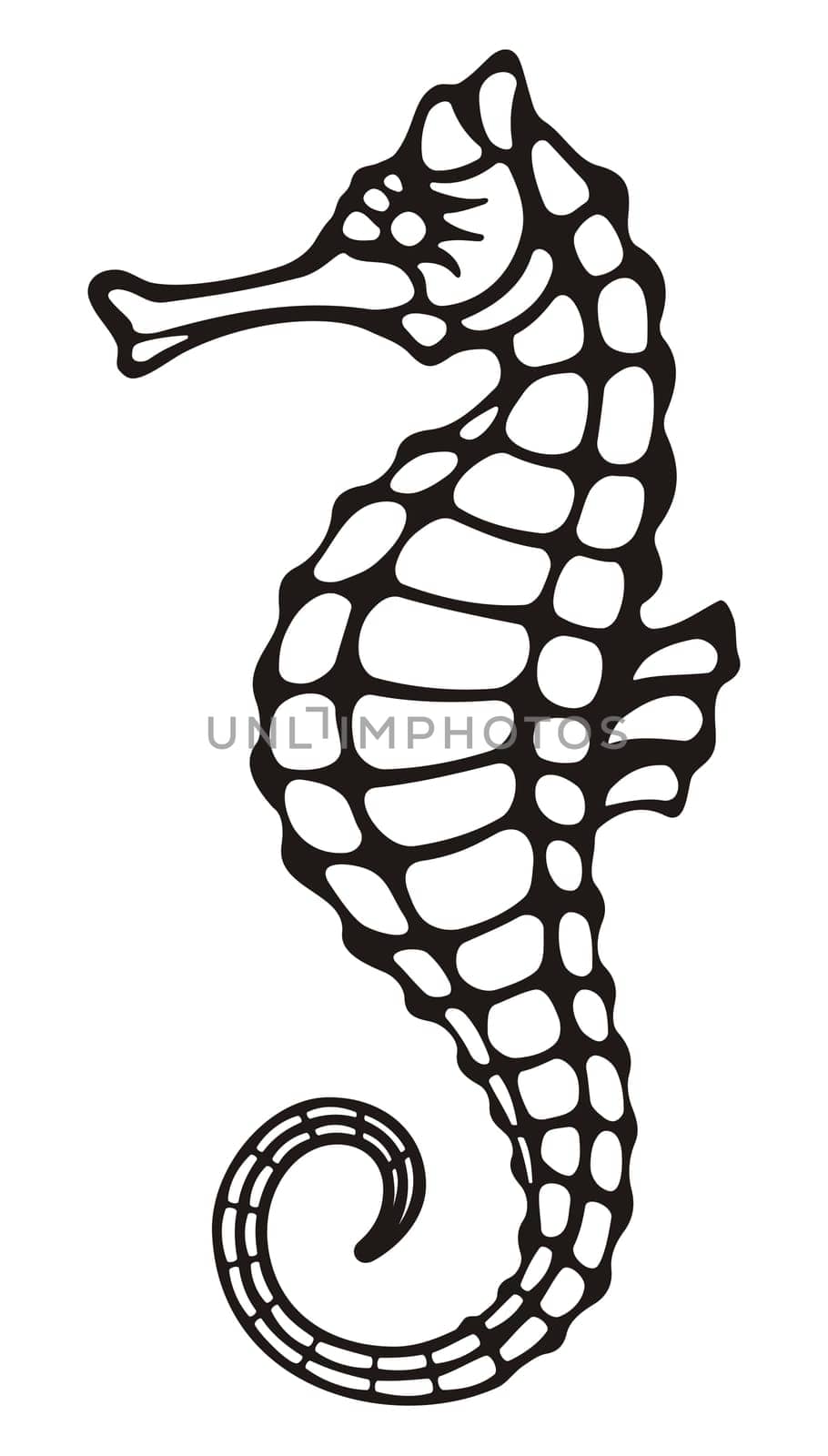 Stylized black and white icon of a seahorse on white background