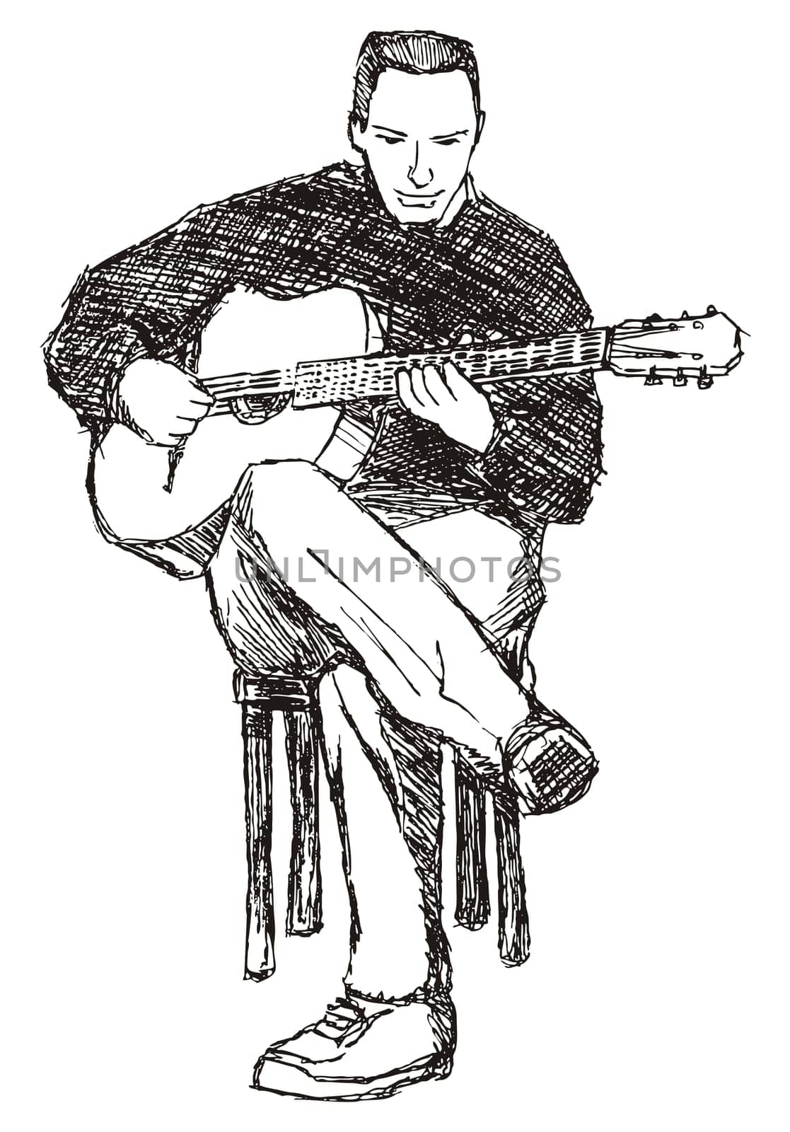 Rough sketch of young acoustic guitar performer