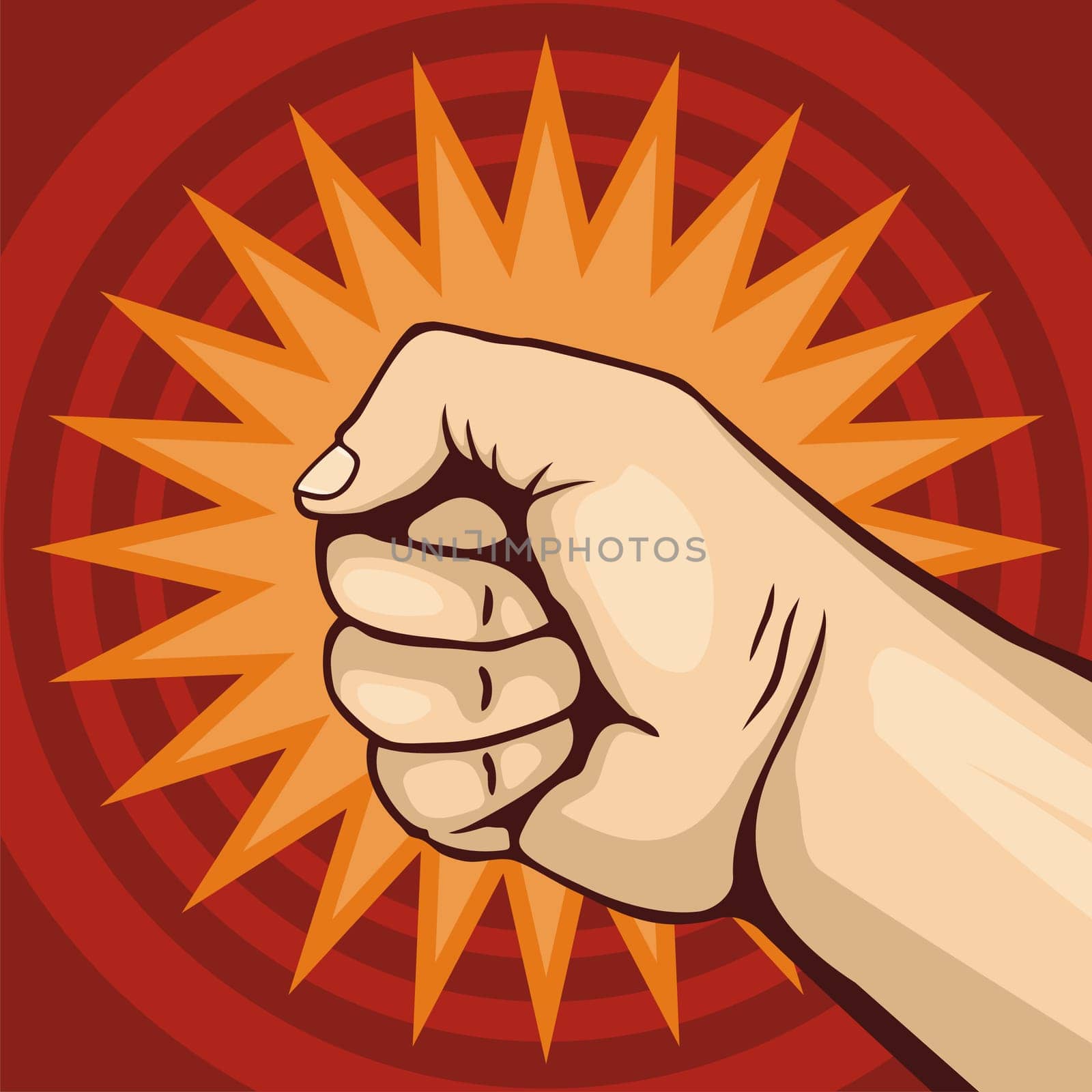 Illustration of fist line-art on dark red background and a yellow burst