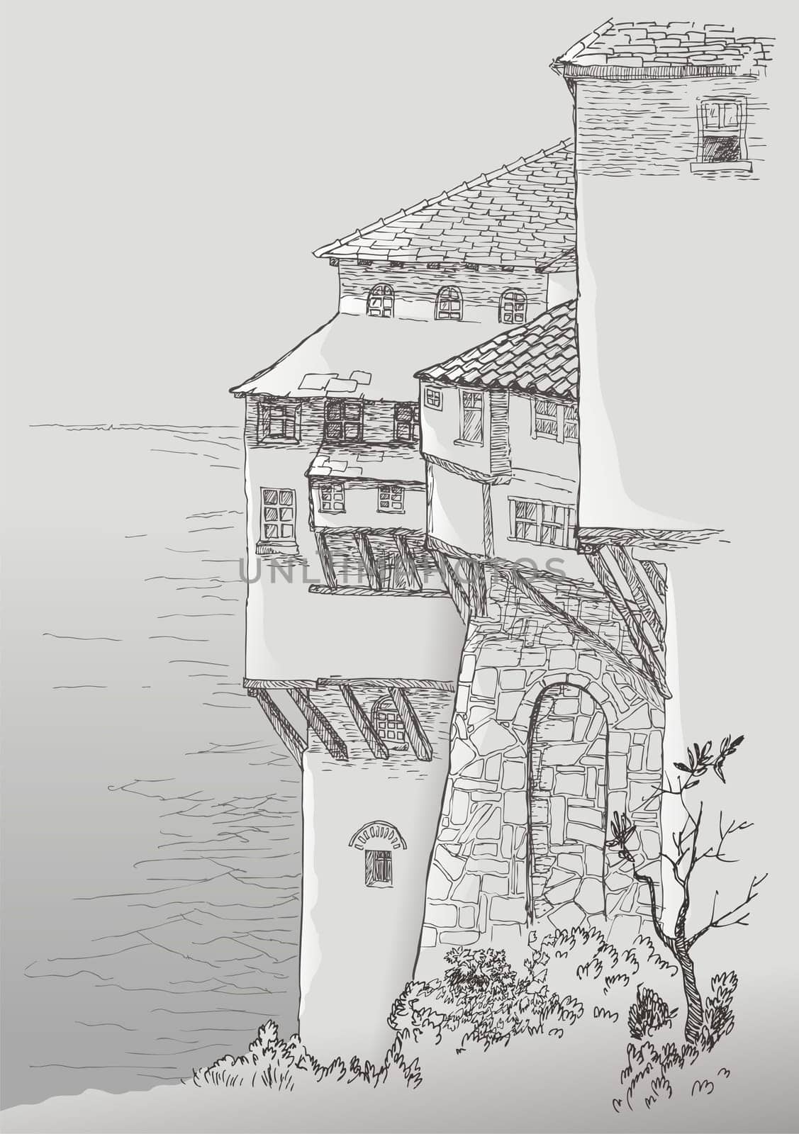 Pen and ink sketch of old buildings by the sea.