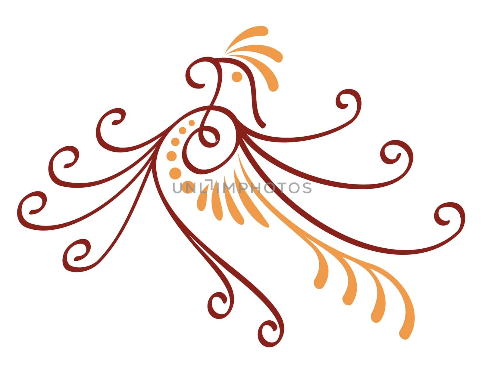 Dark red and orange bird decorative icon with calligraphic lines.