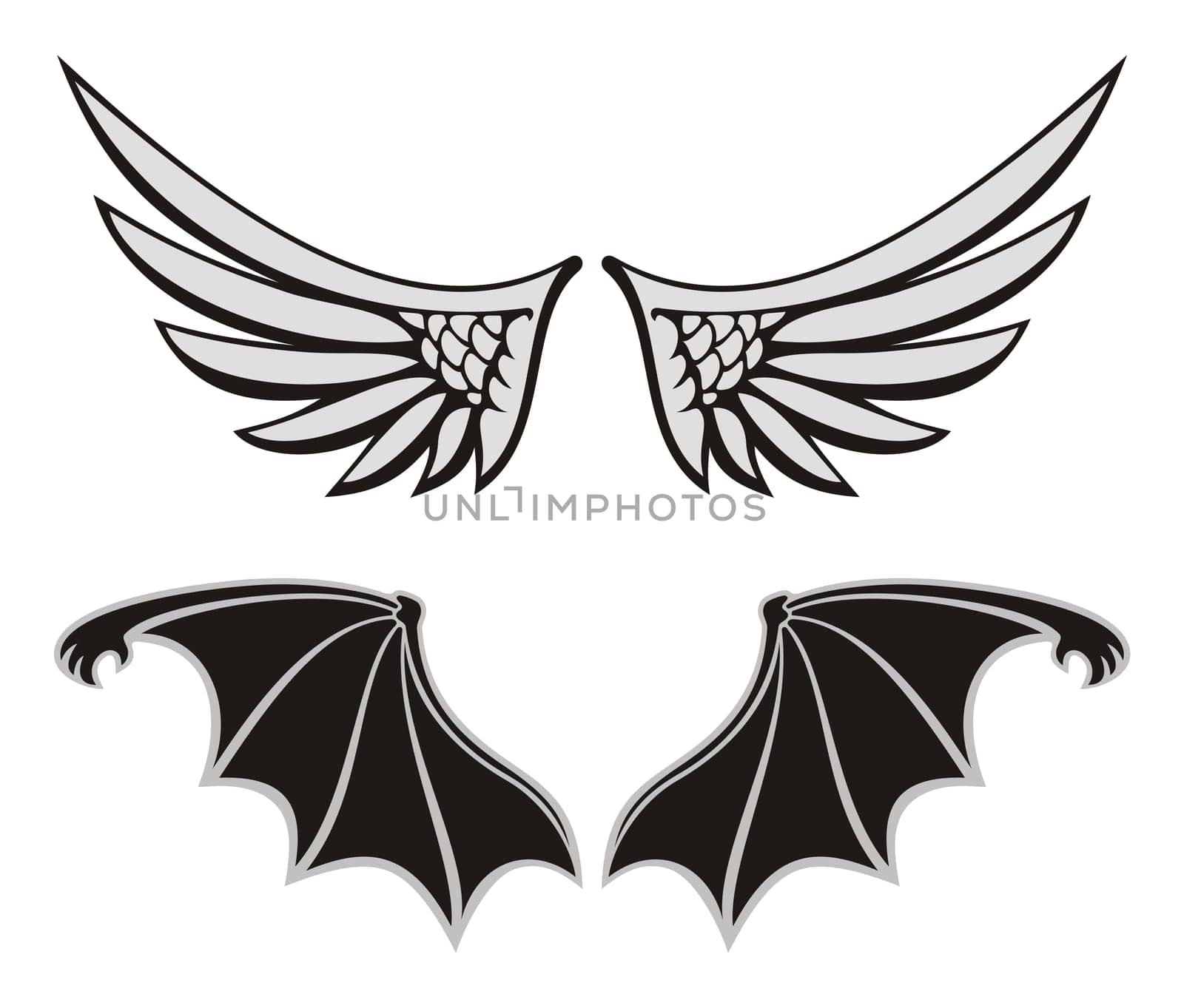 Symmetric wing shaped design elements on white background, angel and devil wings.