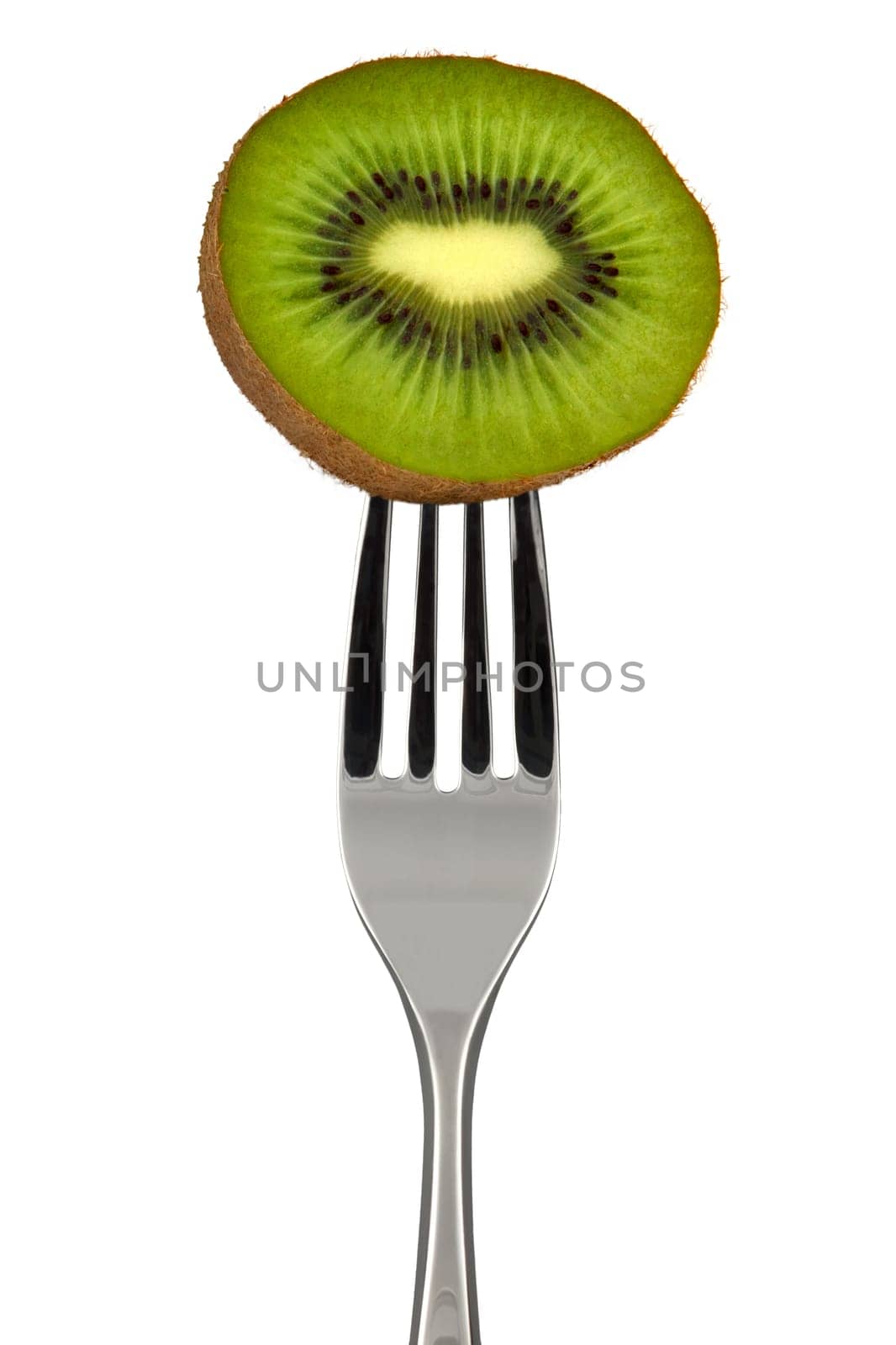 A half of a kiwi pierced on a fork over white background