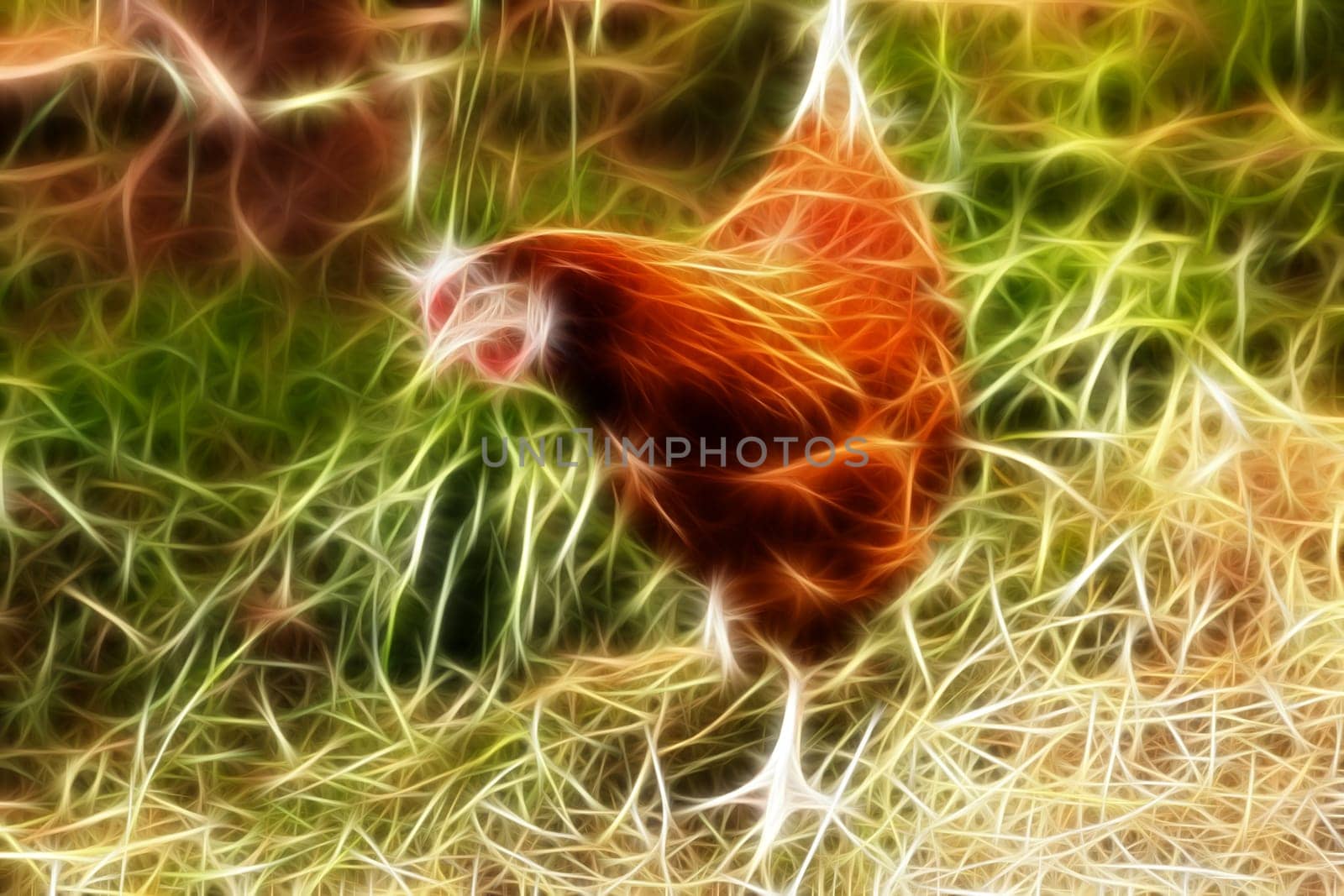 Brown hen with white legs is searching something