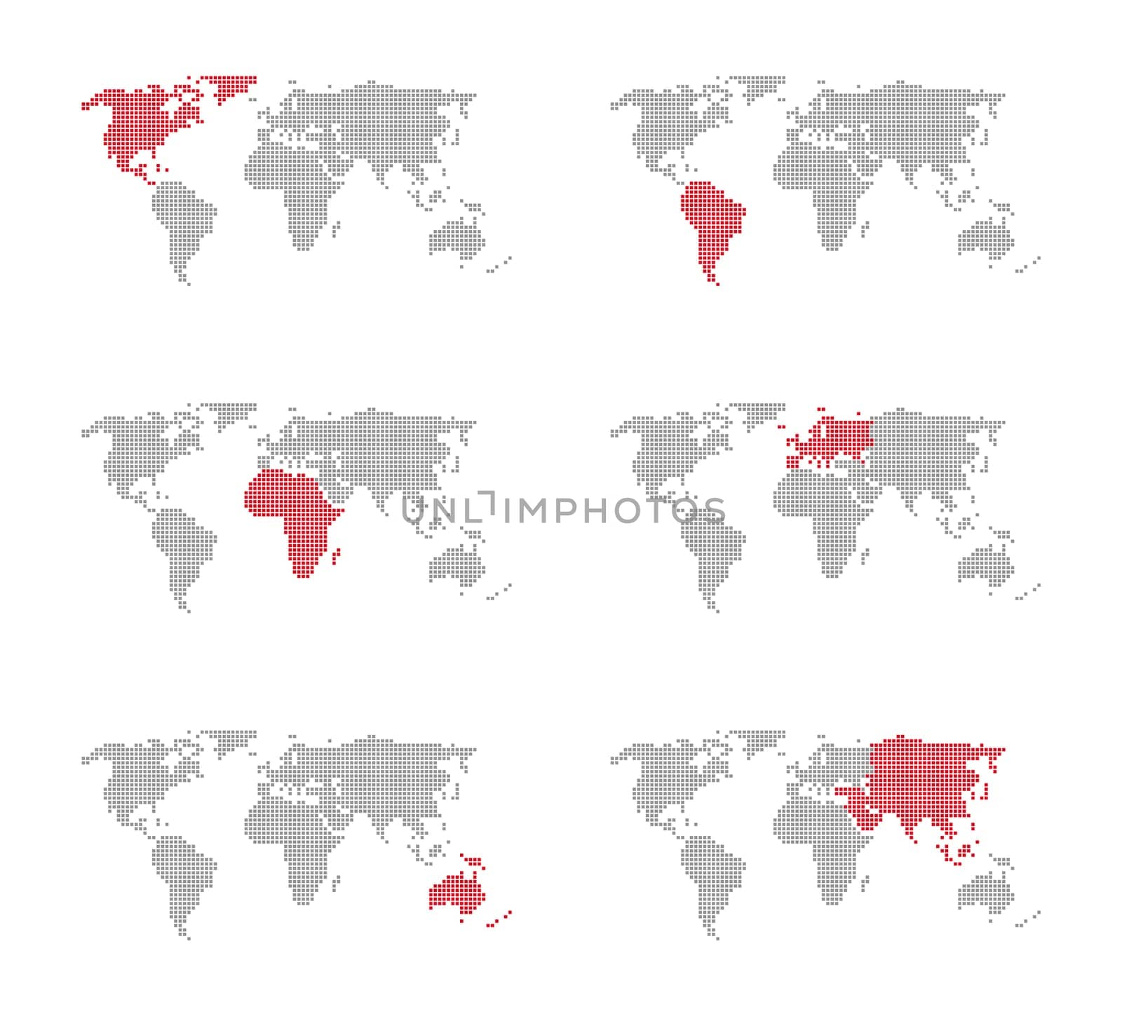 6 world maps with continents made of pixels