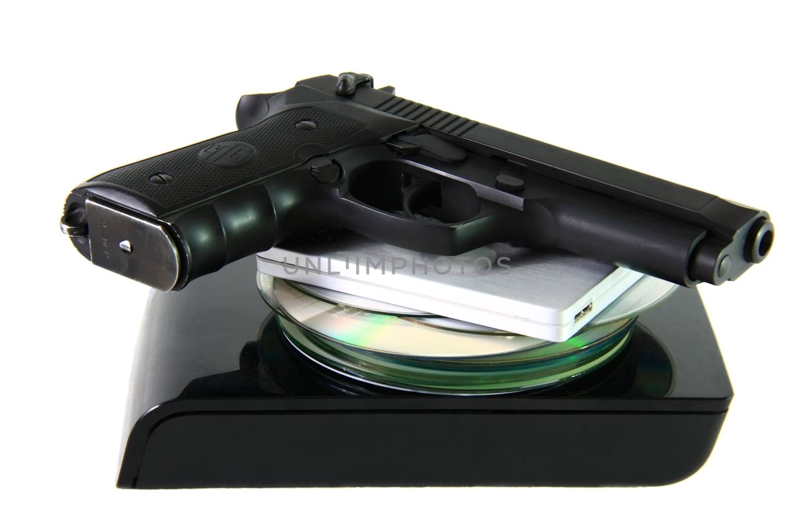 cyber war on database with pistol in front of white
