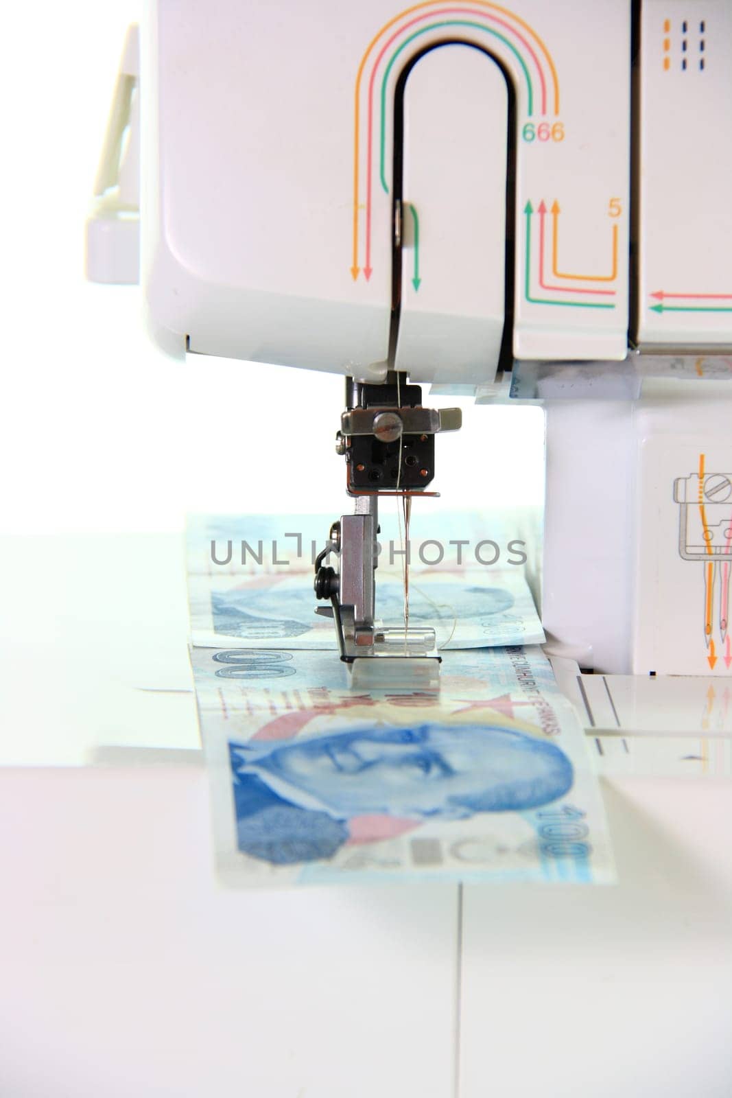 sewing machine sewing money turkish lira on white background