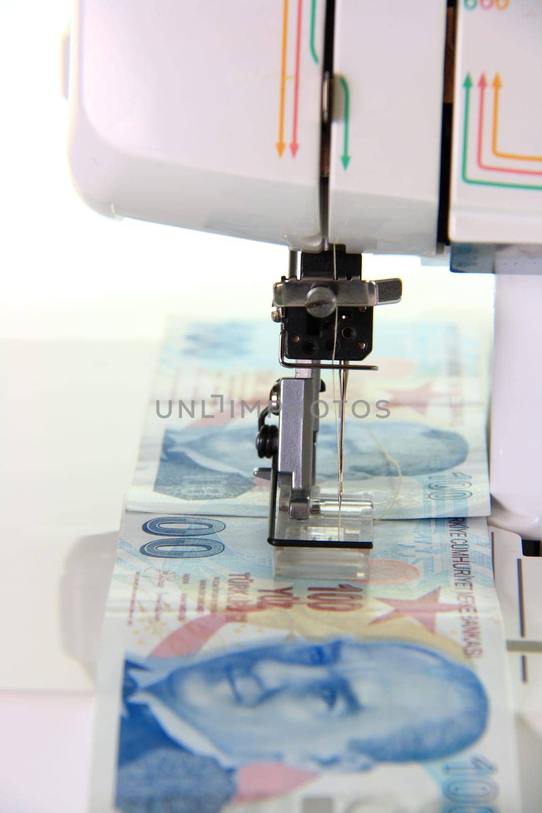 sewing machine sewing money turkish lira on white background