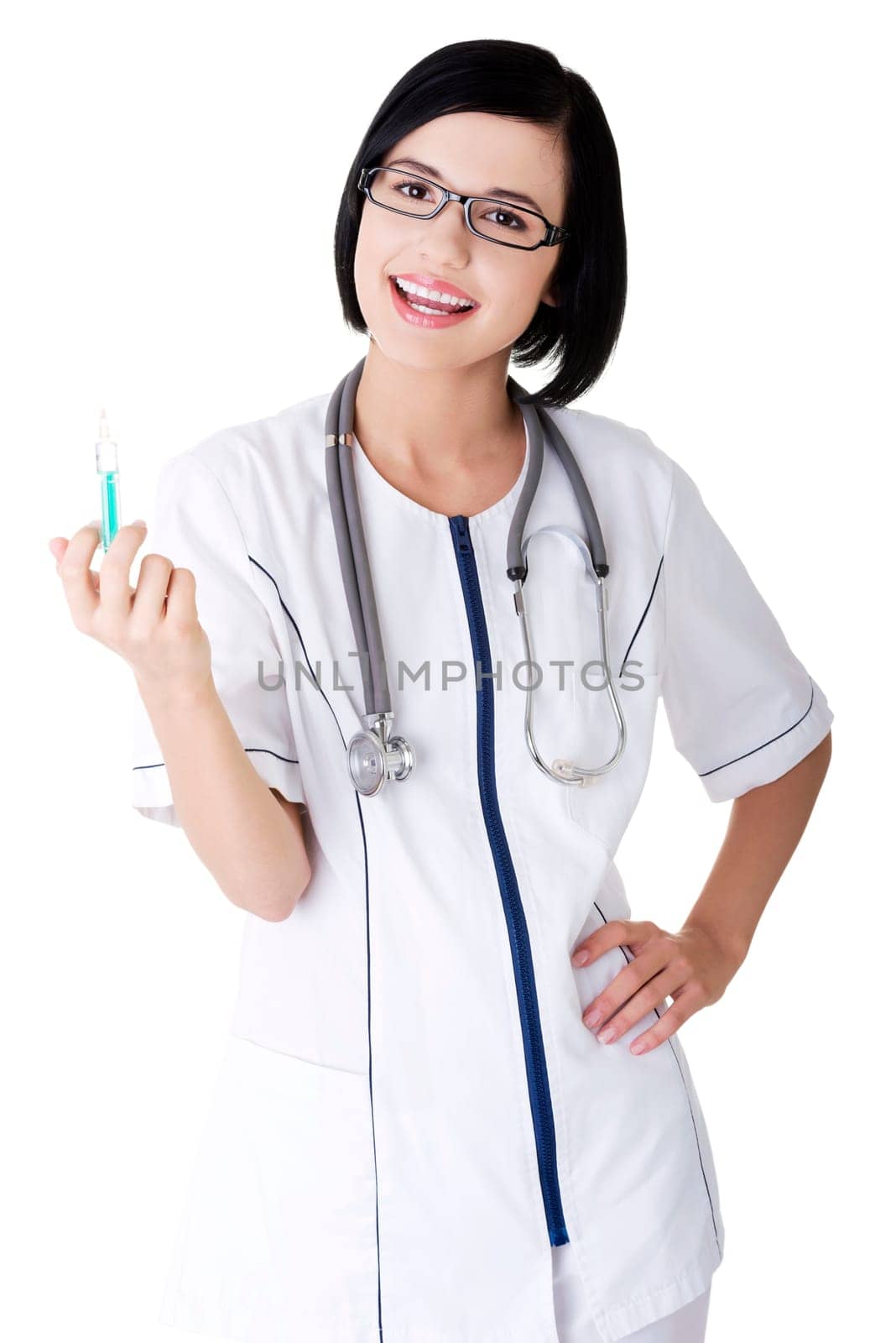 Happy medical doctor or nurse with syringe