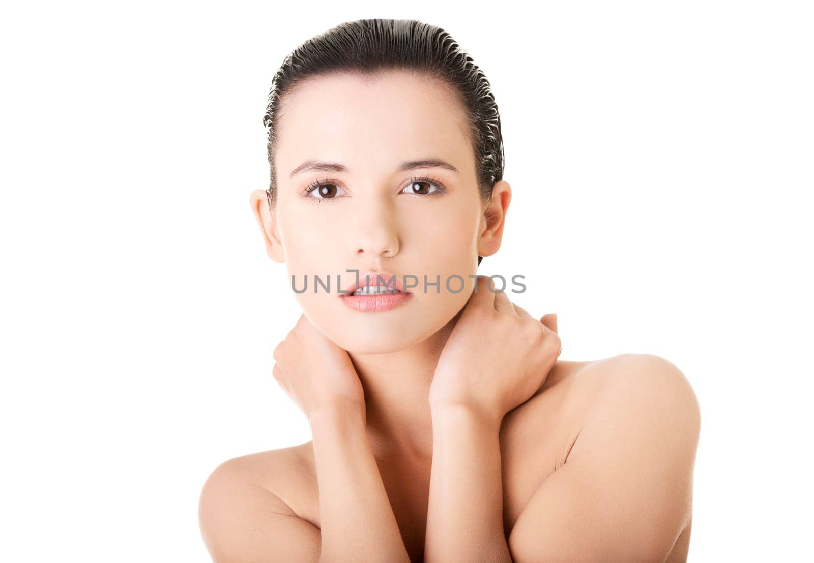 Beautiful fit sensual woman with healthy clen skin, isolated on white