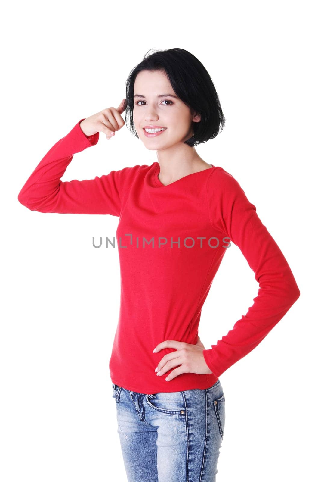 Young happy woman gesturing "call me"" , isolated"