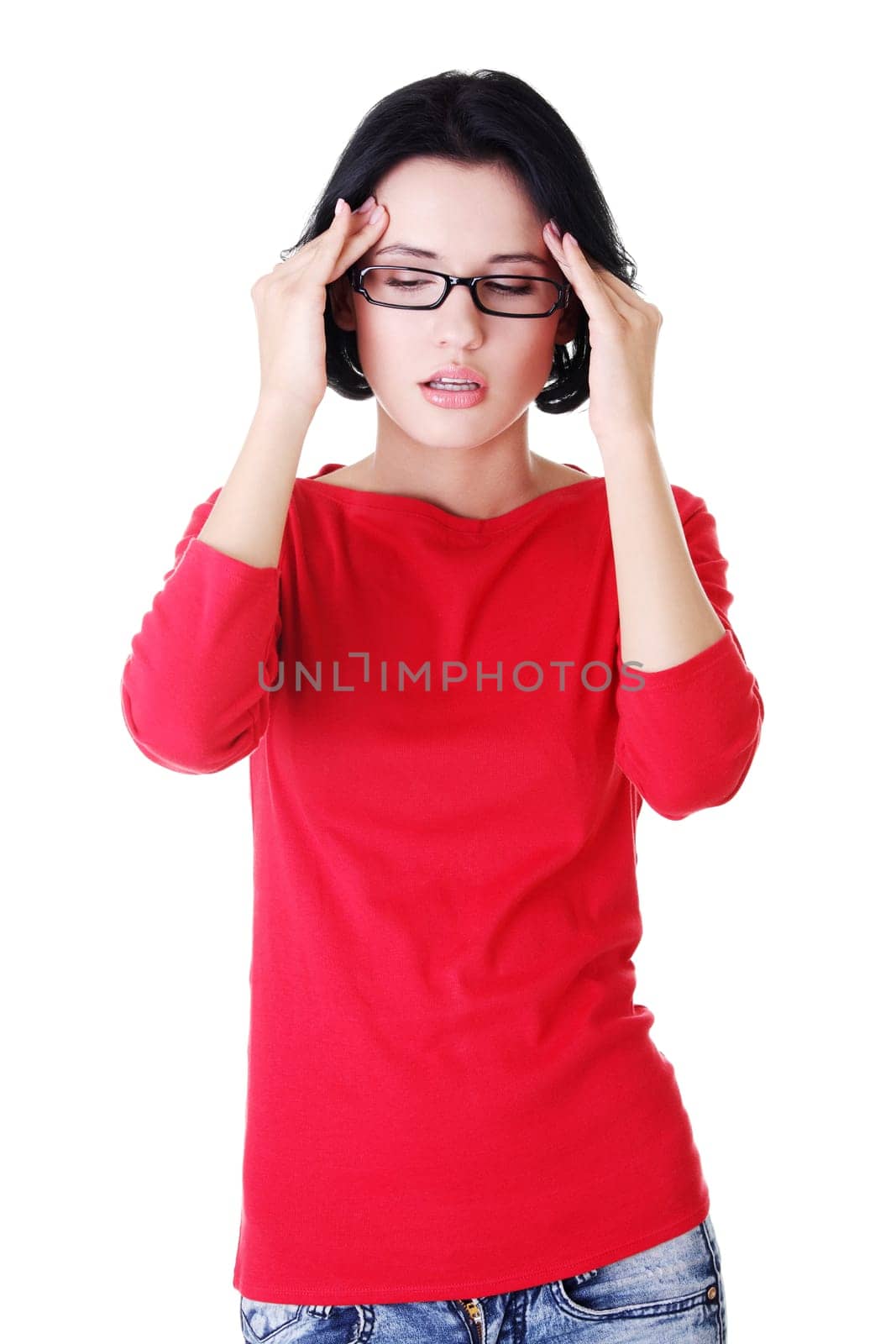 Young sad woman have  headache , over white background