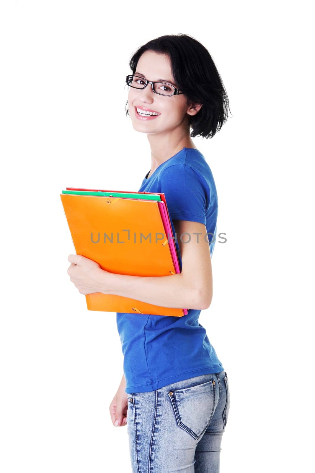 Happy student woman with notebooks, isoalted on white background