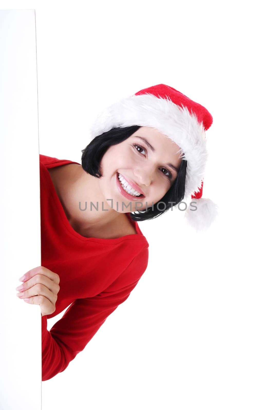 Santa girl holding blank board, isolated on white