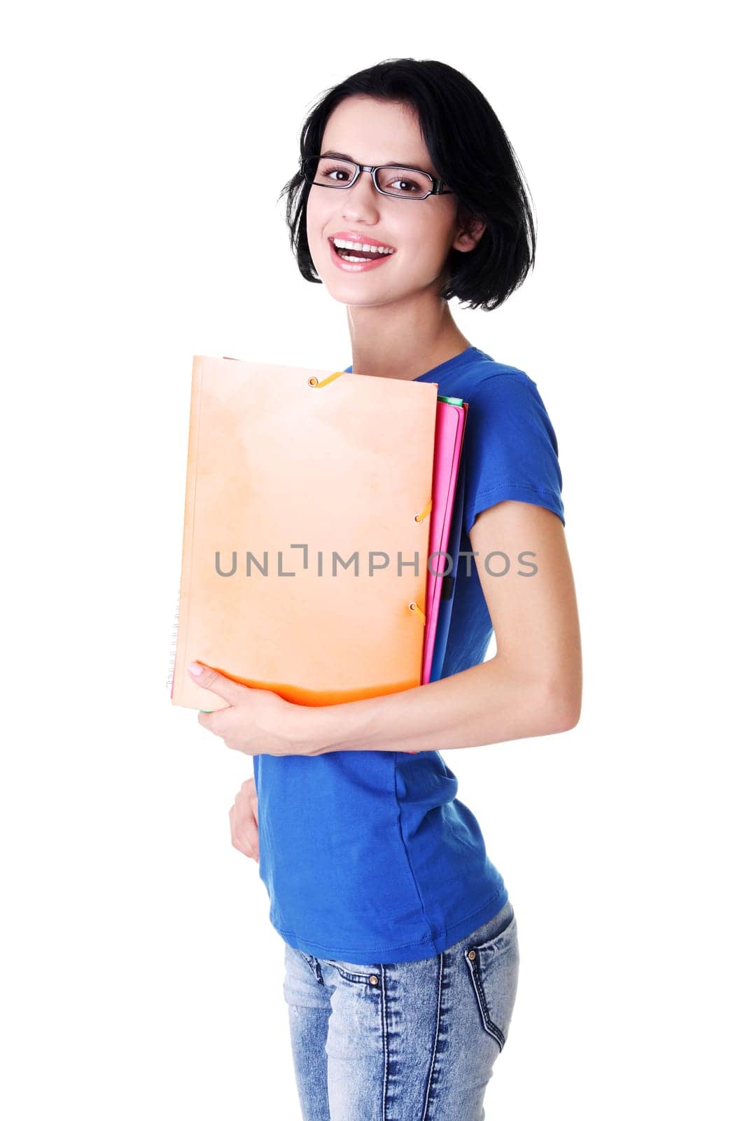 Happy student woman with notebooks, isoalted on white background