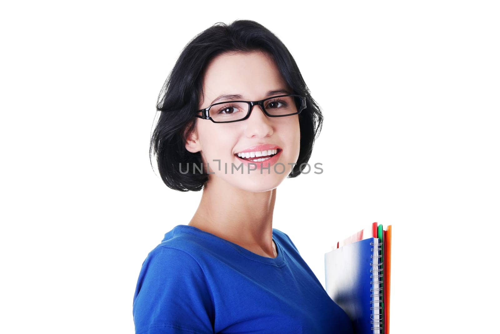 Happy student woman with notebooks, isoalted on white background