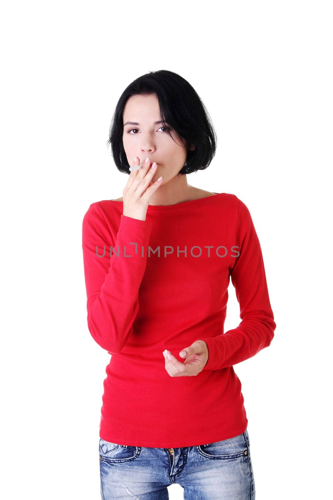 Young woman smoking electronic cigarette (ecigarette), isolated on white