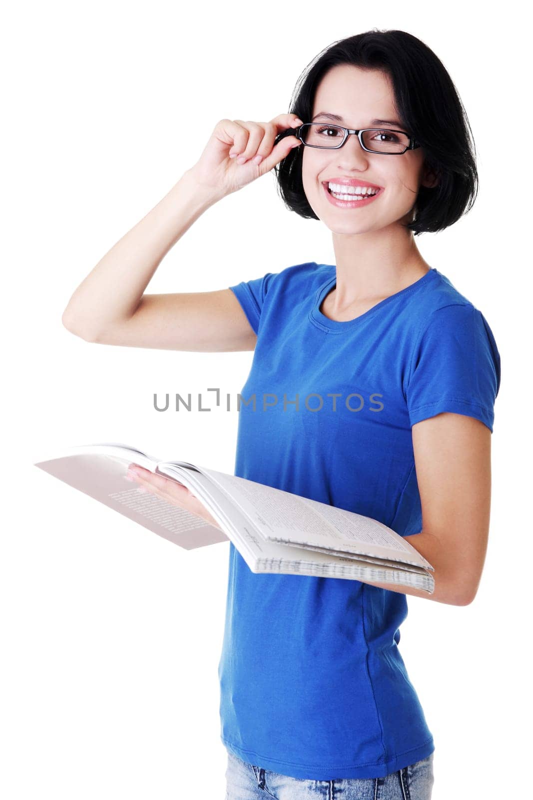 Happy student woman with notebooks, isoalted on white background