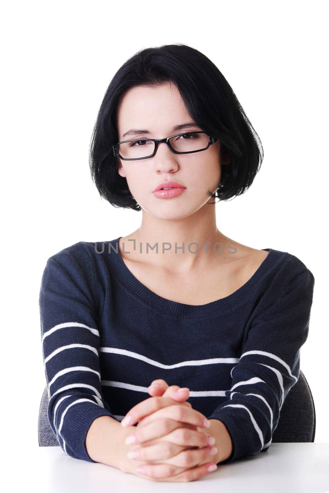 Young sad woman, have big problem or depression, over white background