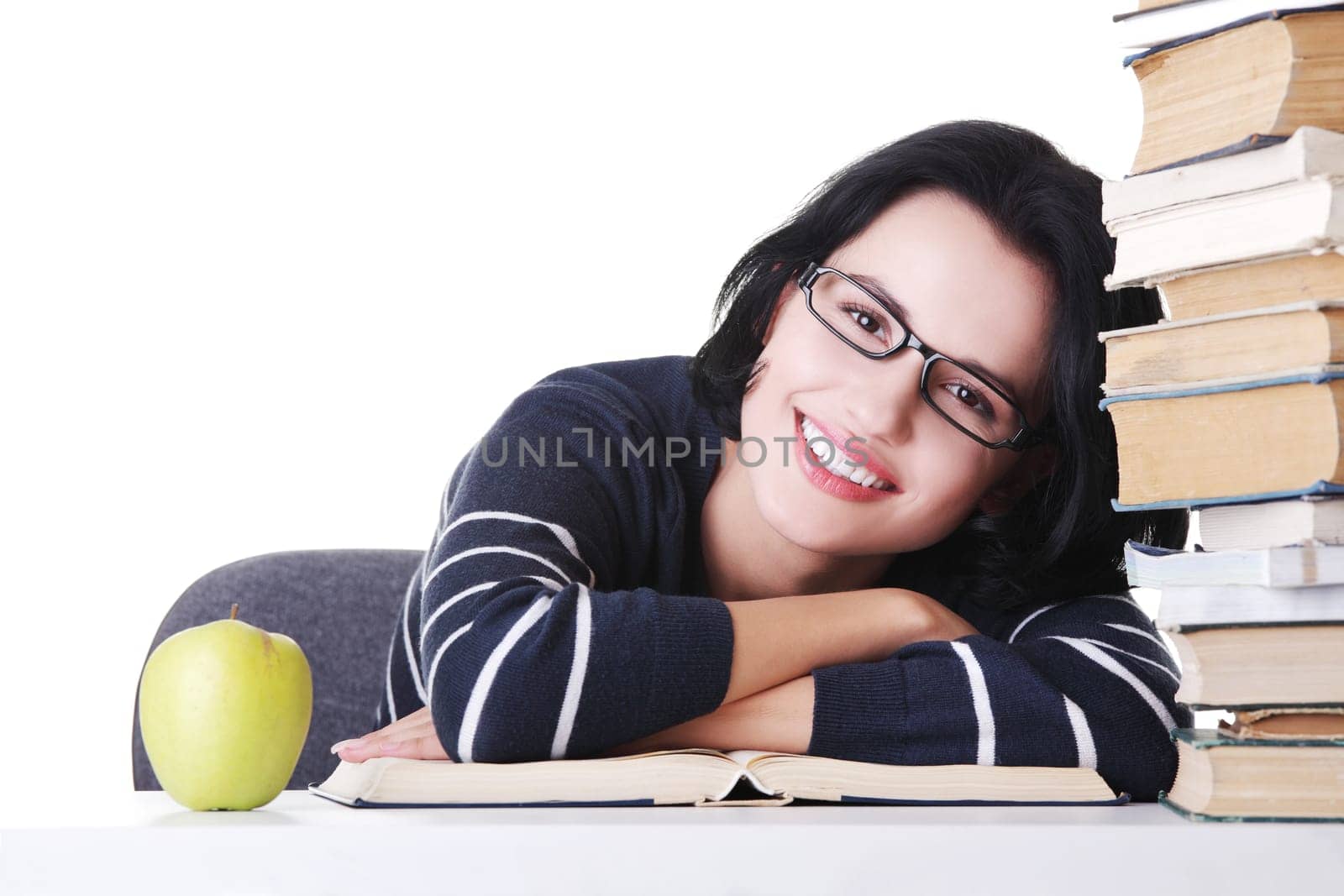 Happy smiling young student woman with books, isolated on white background