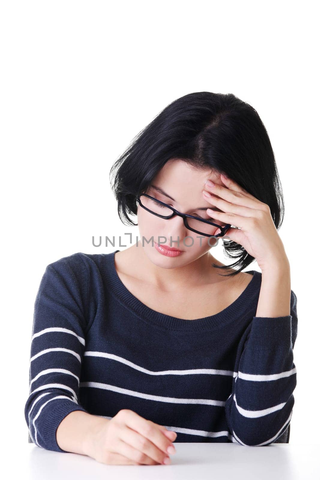 Young sad woman, have big problem or depression, over white background