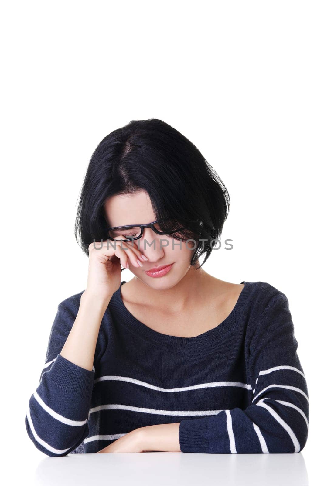Young sad woman, have big problem or depression, over white background