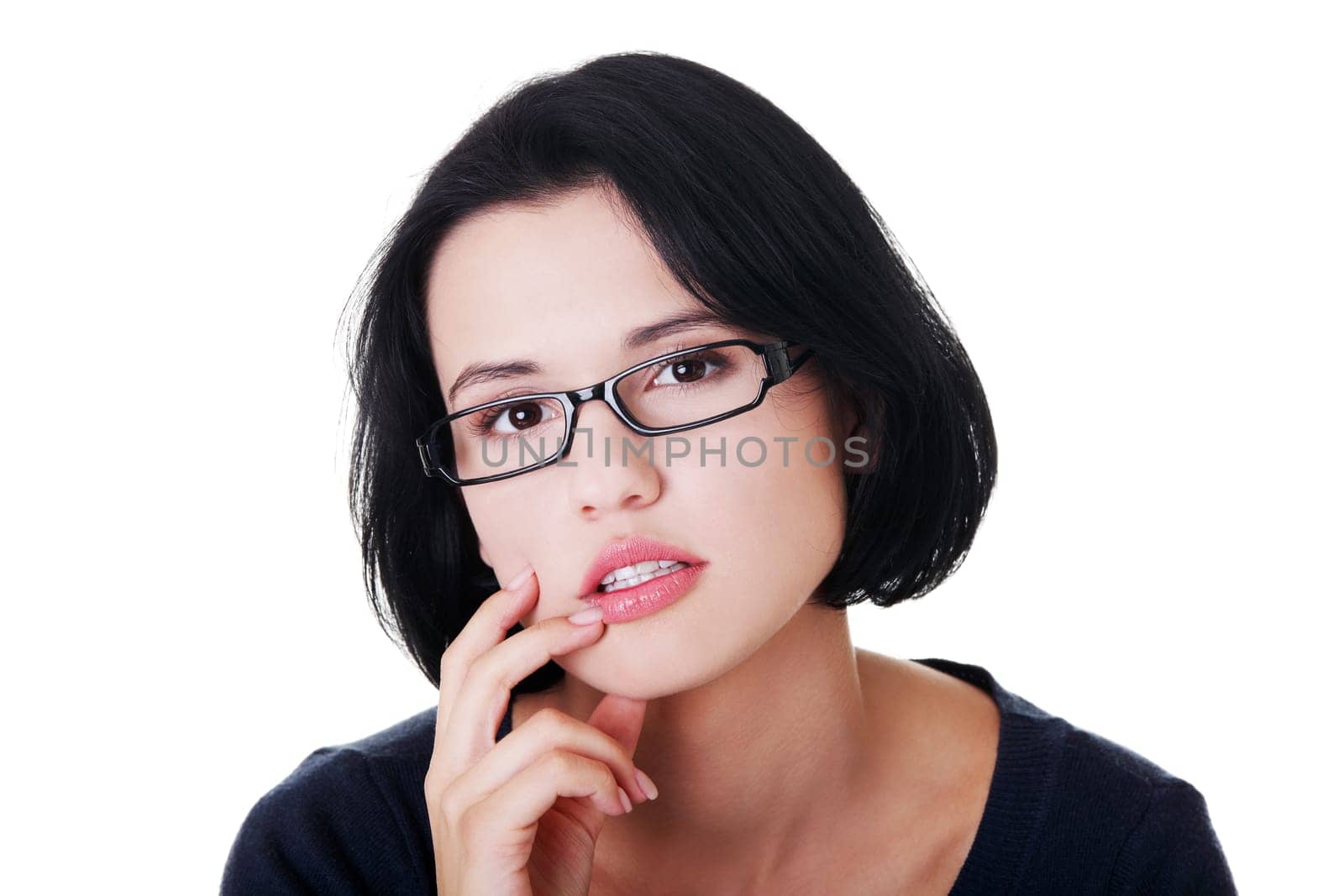 Young beautiful woman in casual clothes thinking, isolated on white