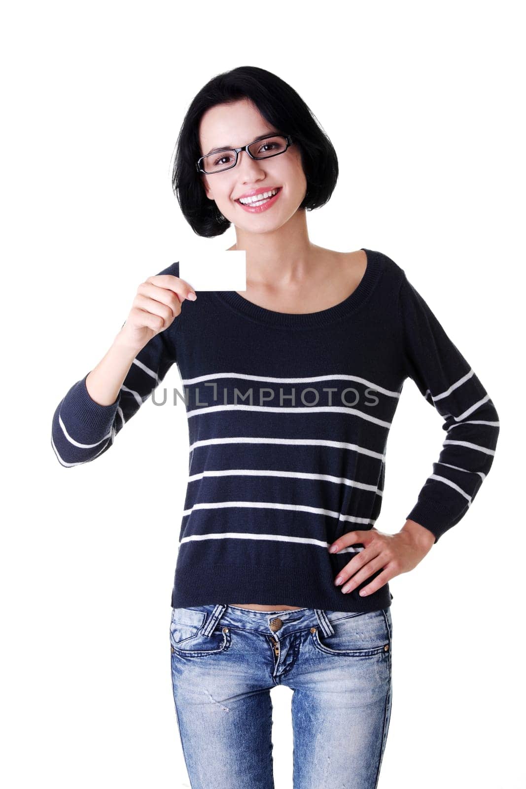 happy girl with business card over white background