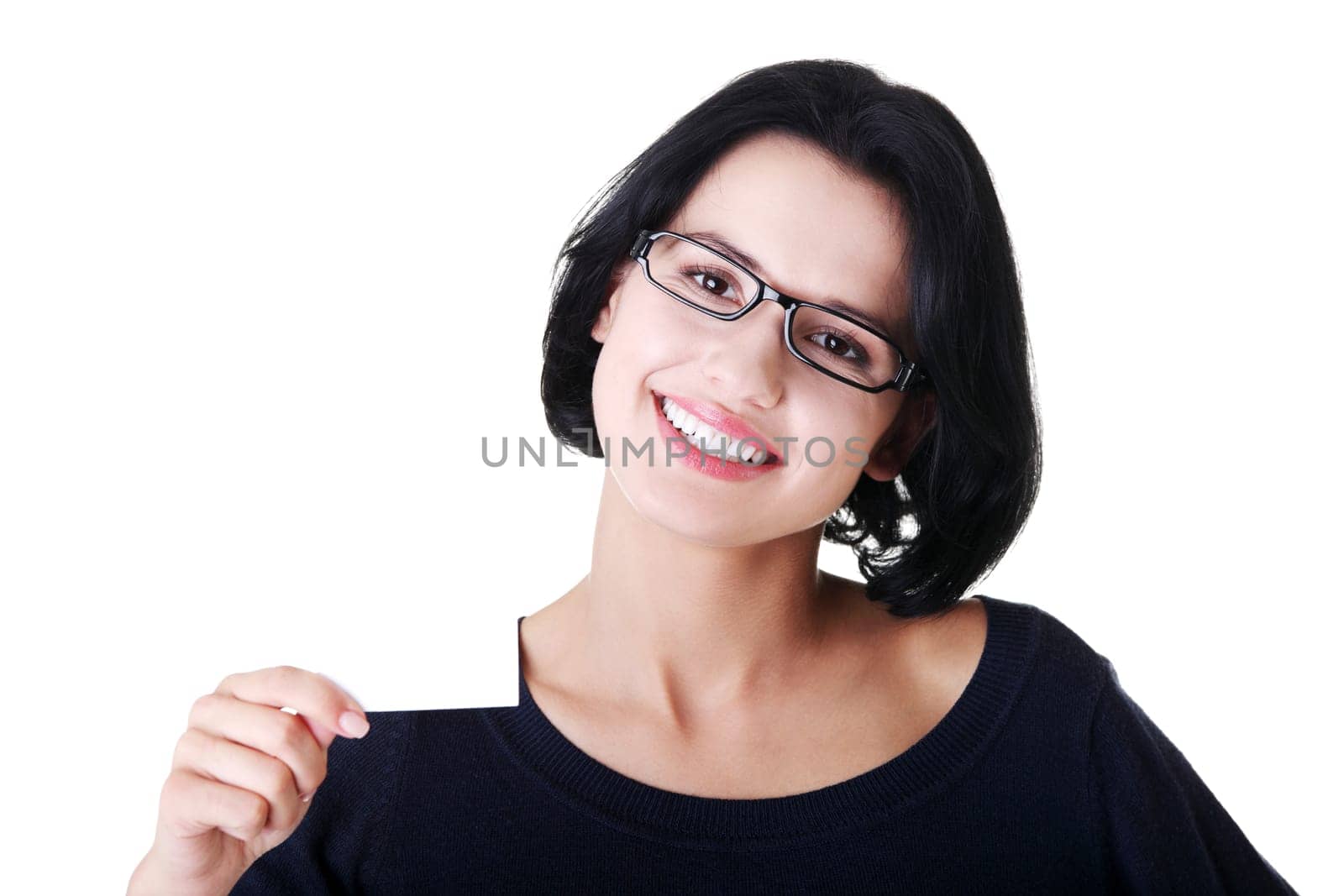 Beautiful smiling businesswoman with businesscard. Isolated on white