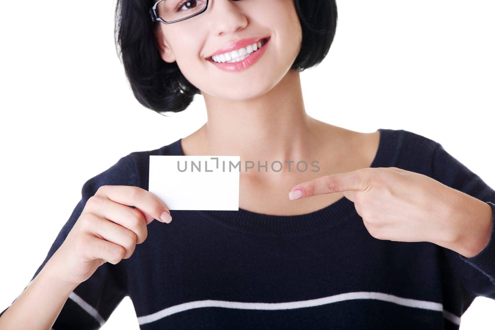 Beautiful smiling businesswoman with businesscard. Isolated on white