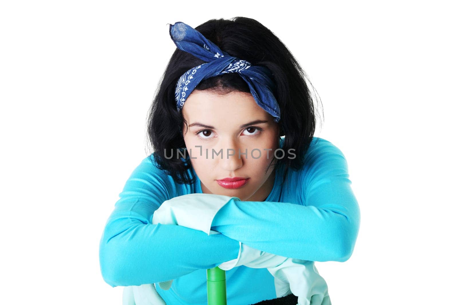Tired and exhausted cleaning woman portrait, isolated on white