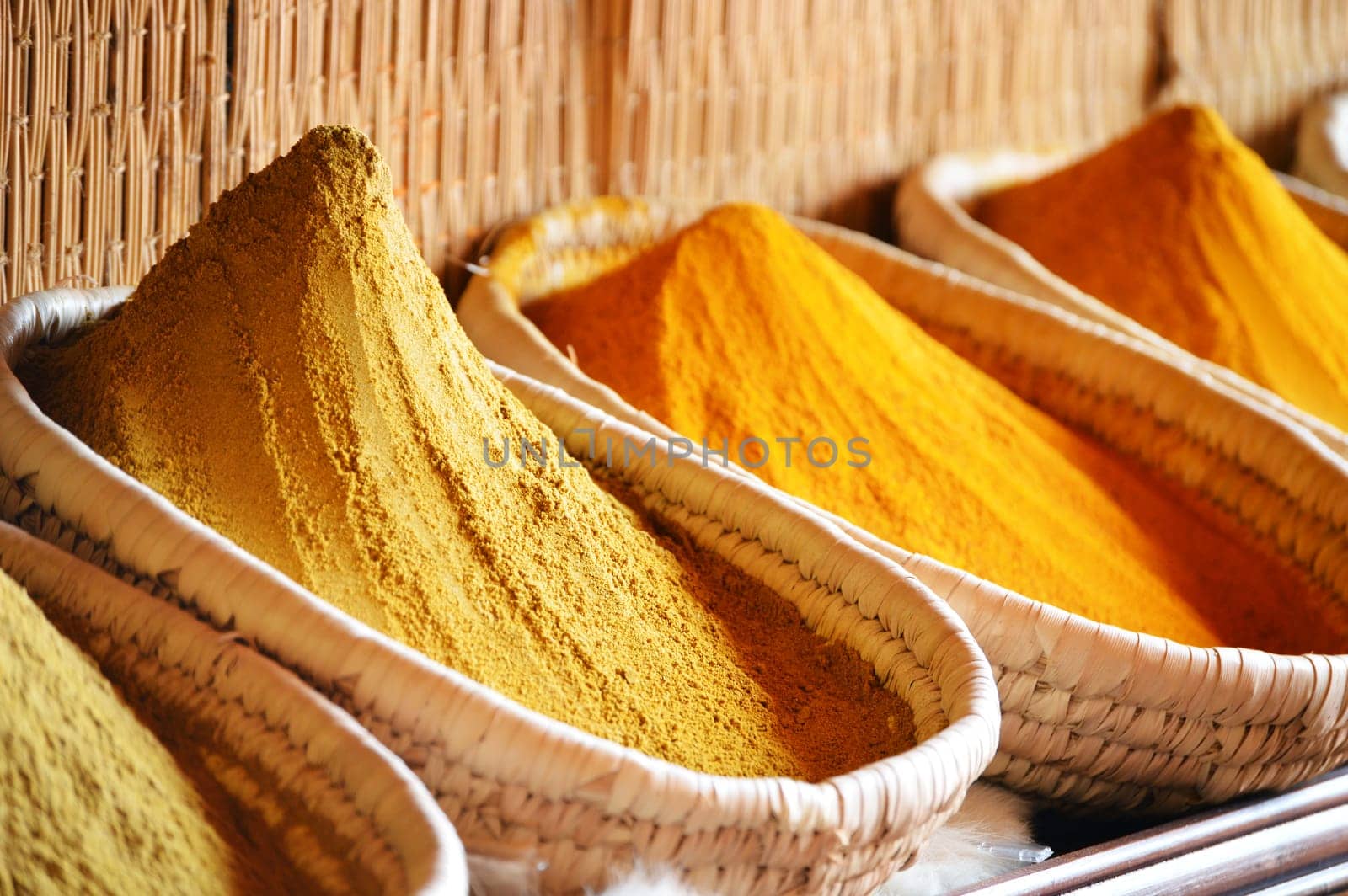 Spices in arabic store including turmeric and curry powder